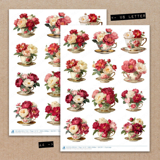 A4 and US Letter format comparison showing Rose Peony Teacup fussy cut pages for print and cut crafting