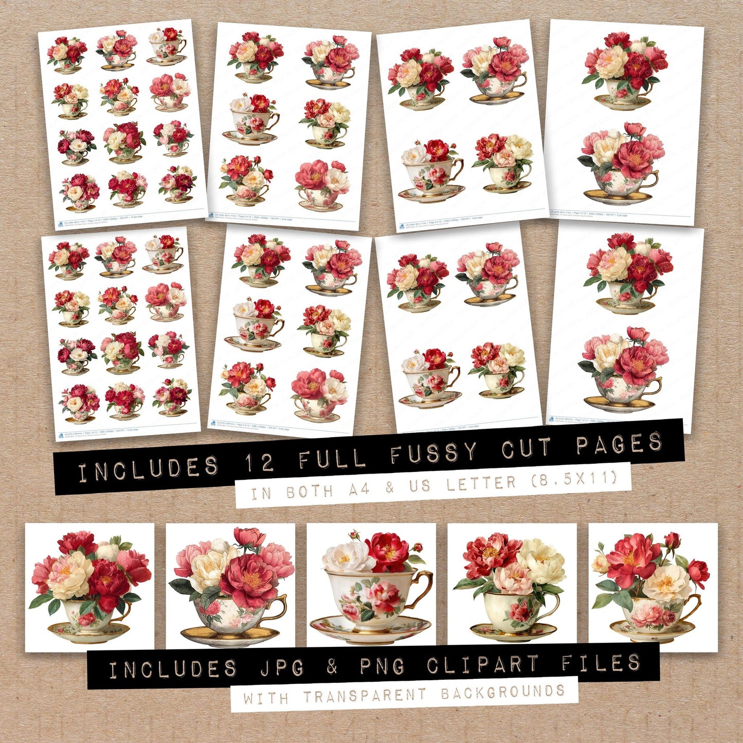 Full collection view of Rose Peony Teacup fussy cut sheets with bonus clipart JPG and PNG files