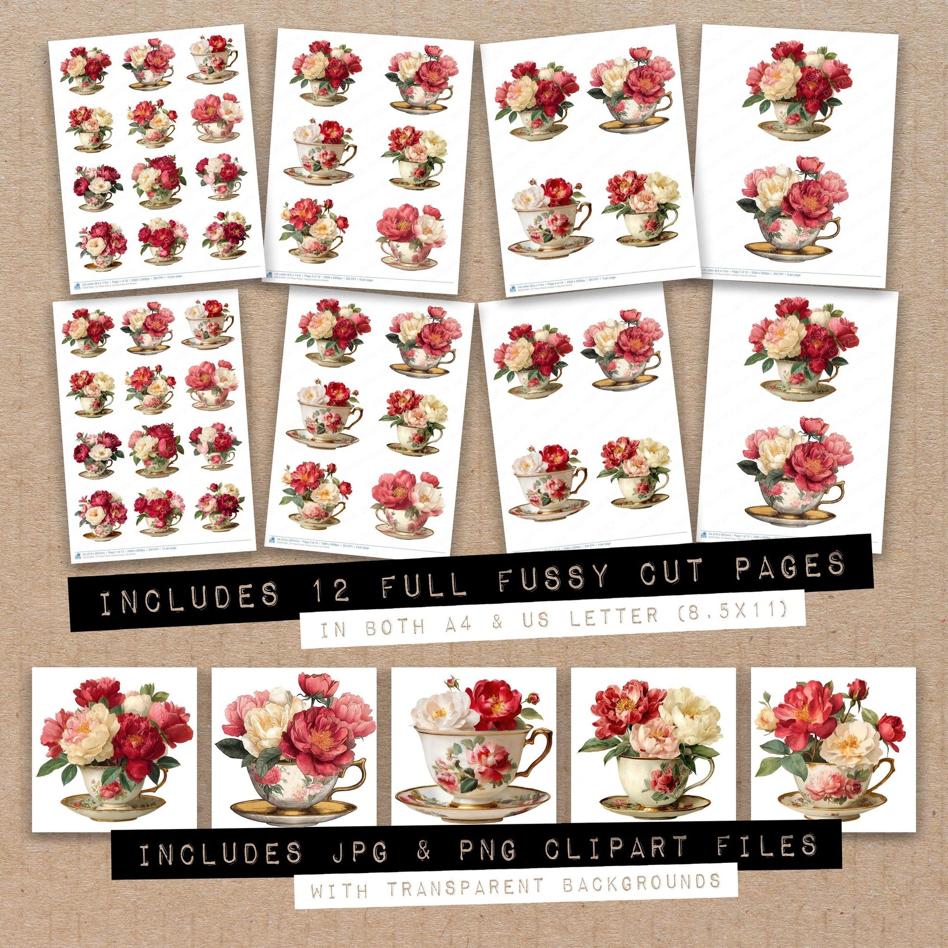 Full collection view of Rose Peony Teacup fussy cut sheets with bonus clipart JPG and PNG files