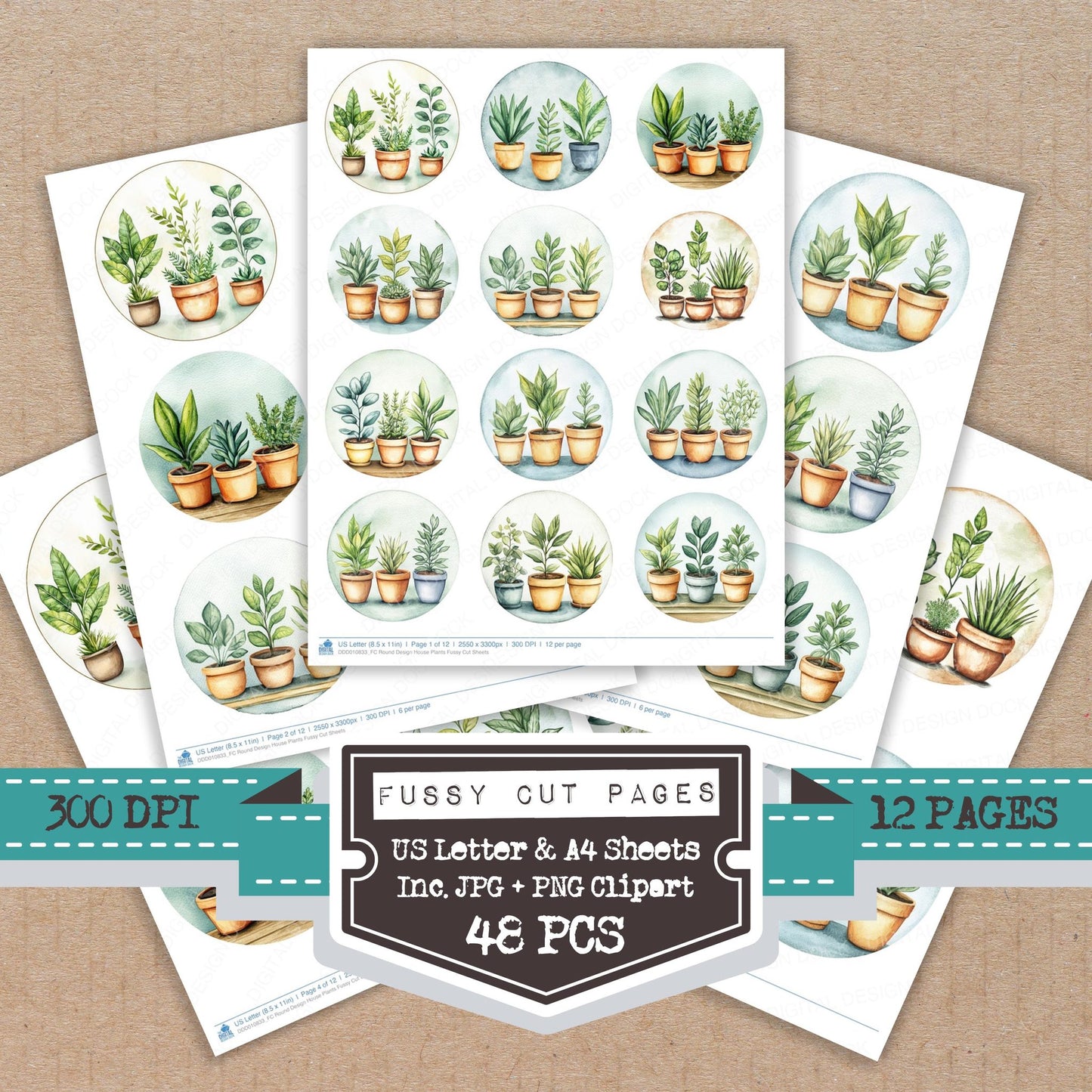 Round Design House Plants fussy cut printable sheets for junk journaling, scrapbooking, and paper craft projects