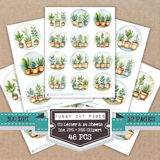 Round Design House Plants fussy cut printable sheets for junk journaling, scrapbooking, and paper craft projects