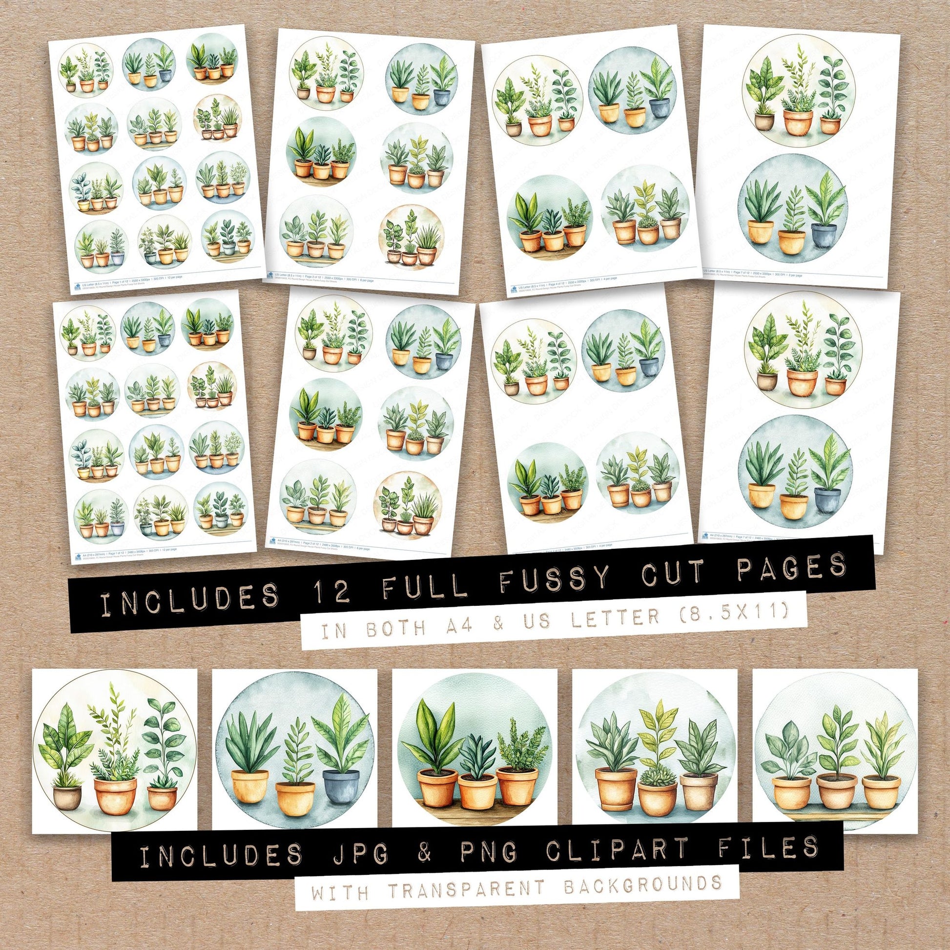 Full collection view of Round Design House Plants fussy cut sheets with bonus clipart JPG and PNG files
