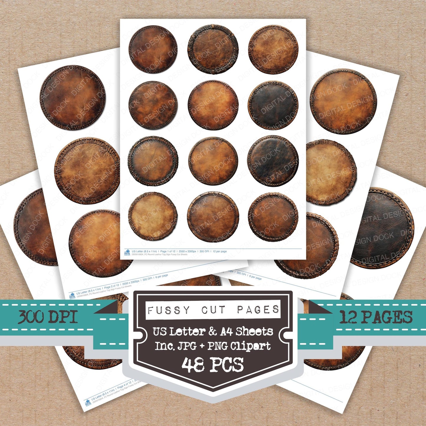 Round Leather Tag Sign fussy cut printable sheets for junk journaling, scrapbooking, and paper craft projects