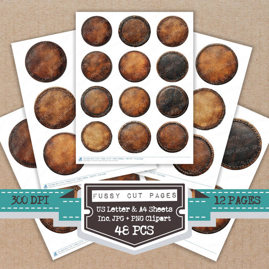 Round Leather Tag Sign fussy cut printable sheets for junk journaling, scrapbooking, and paper craft projects
