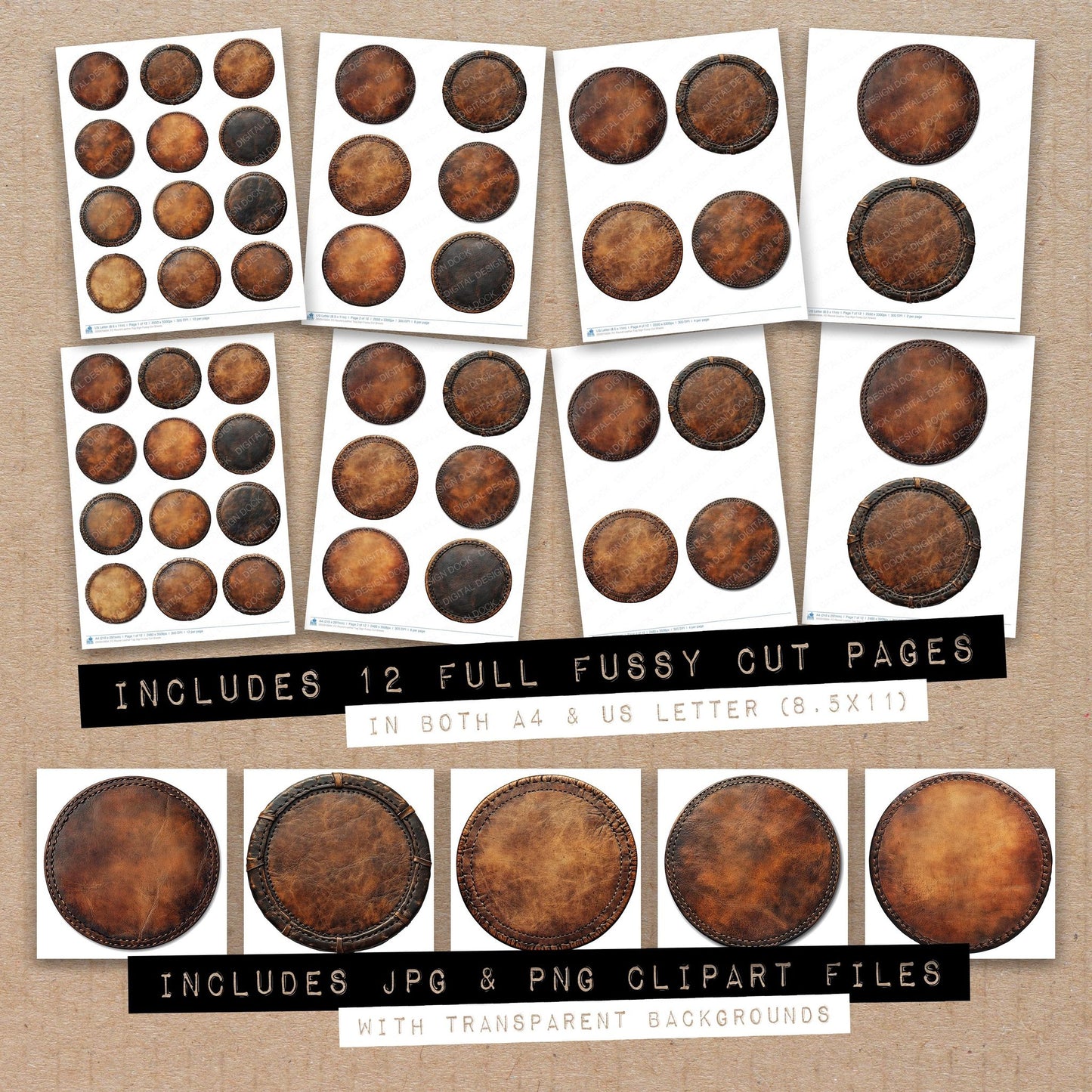 Full collection view of Round Leather Tag Sign fussy cut sheets with bonus clipart JPG and PNG files