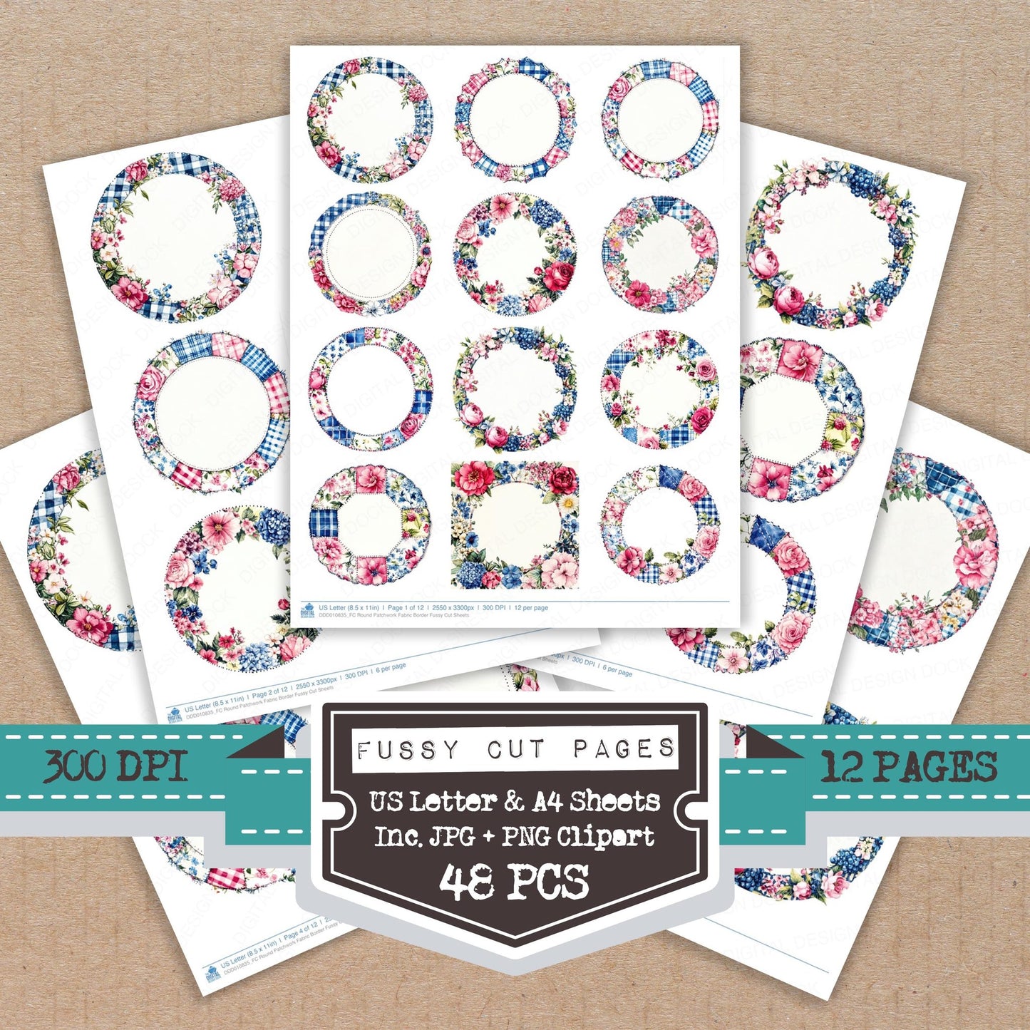 Round Patchwork Fabric Border fussy cut printable sheets for junk journaling, scrapbooking, and paper craft projects