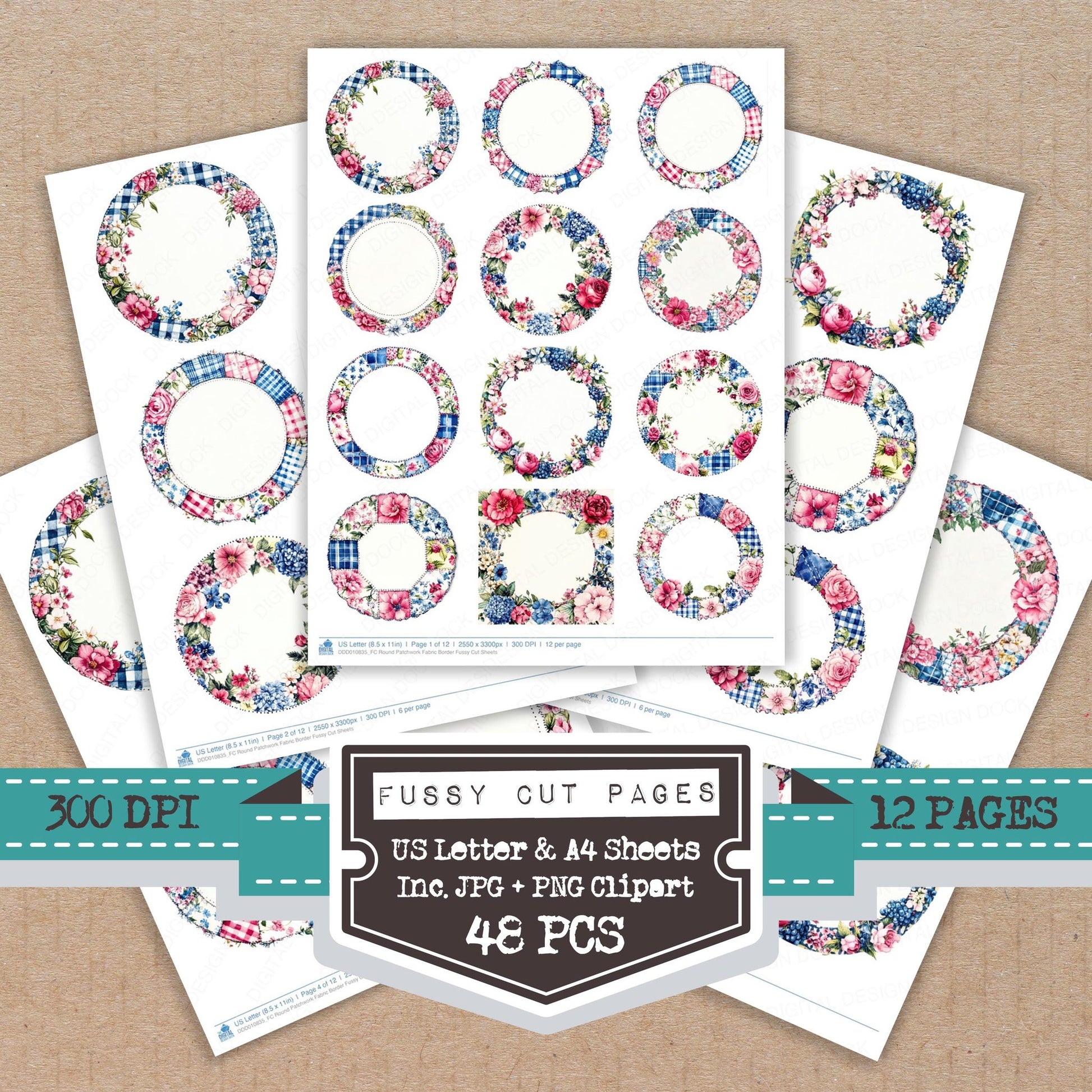 Round Patchwork Fabric Border fussy cut printable sheets for junk journaling, scrapbooking, and paper craft projects