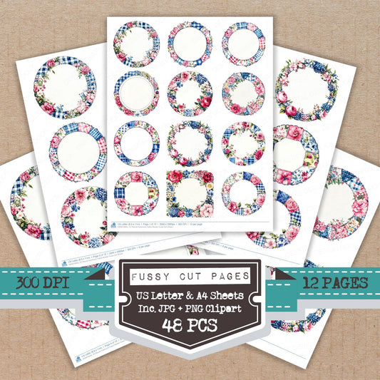 Round Patchwork Fabric Border fussy cut printable sheets for junk journaling, scrapbooking, and paper craft projects