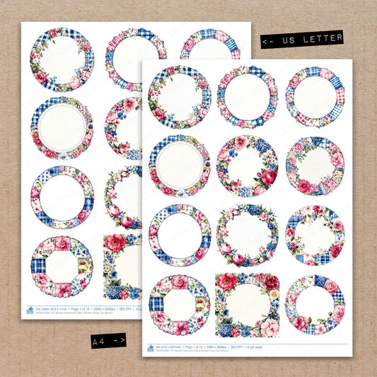 A4 and US Letter format comparison showing Round Patchwork Fabric Border fussy cut pages for print and cut crafting