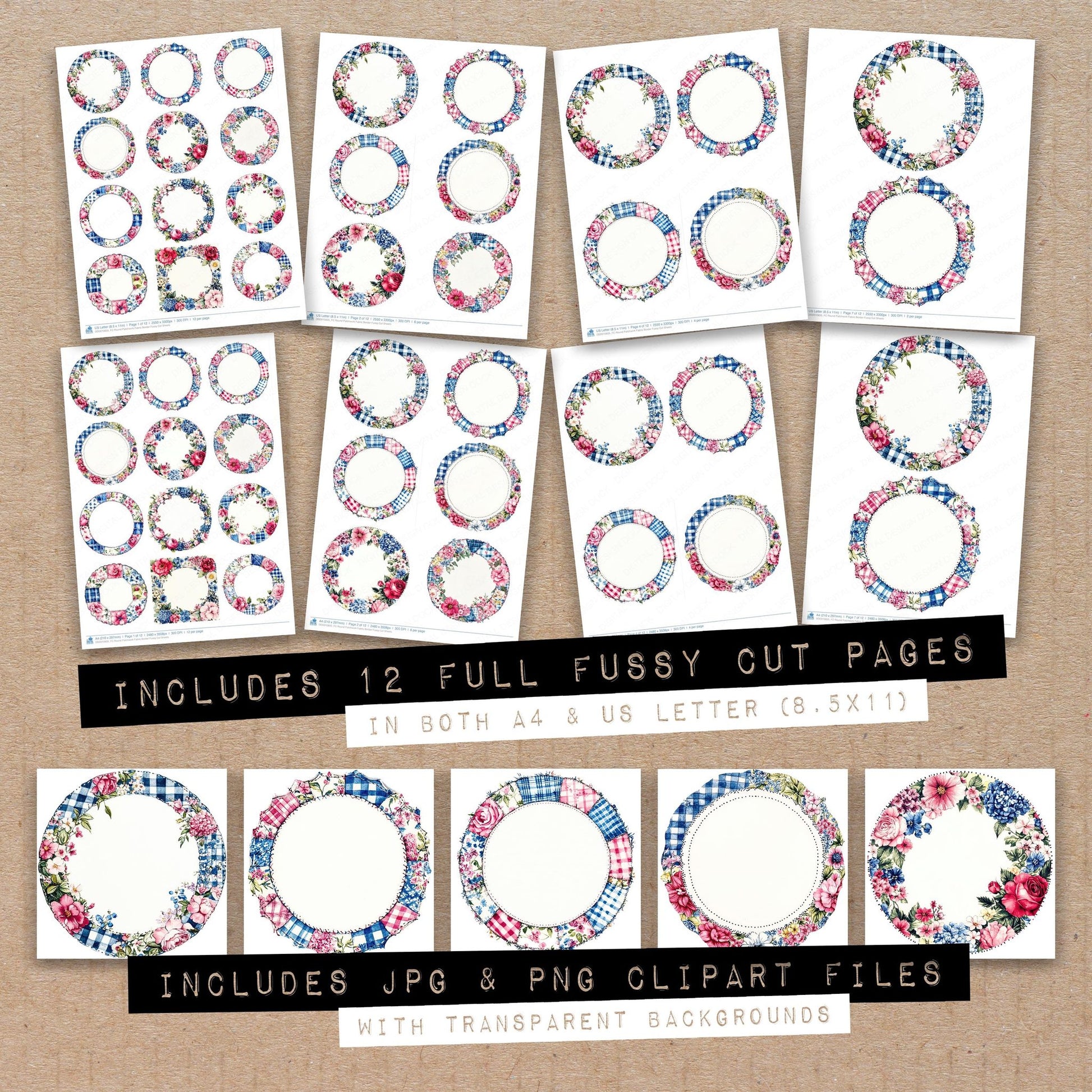 Full collection view of Round Patchwork Fabric Border fussy cut sheets with bonus clipart JPG and PNG files
