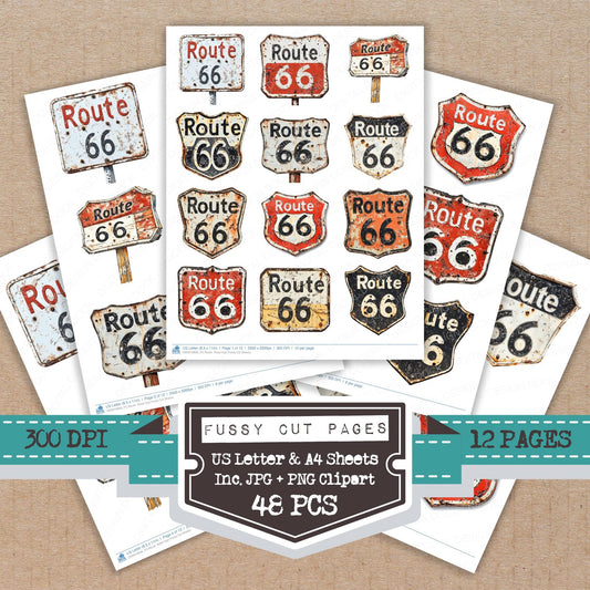 Route Road Sign fussy cut printable sheets for junk journaling, scrapbooking, and paper craft projects