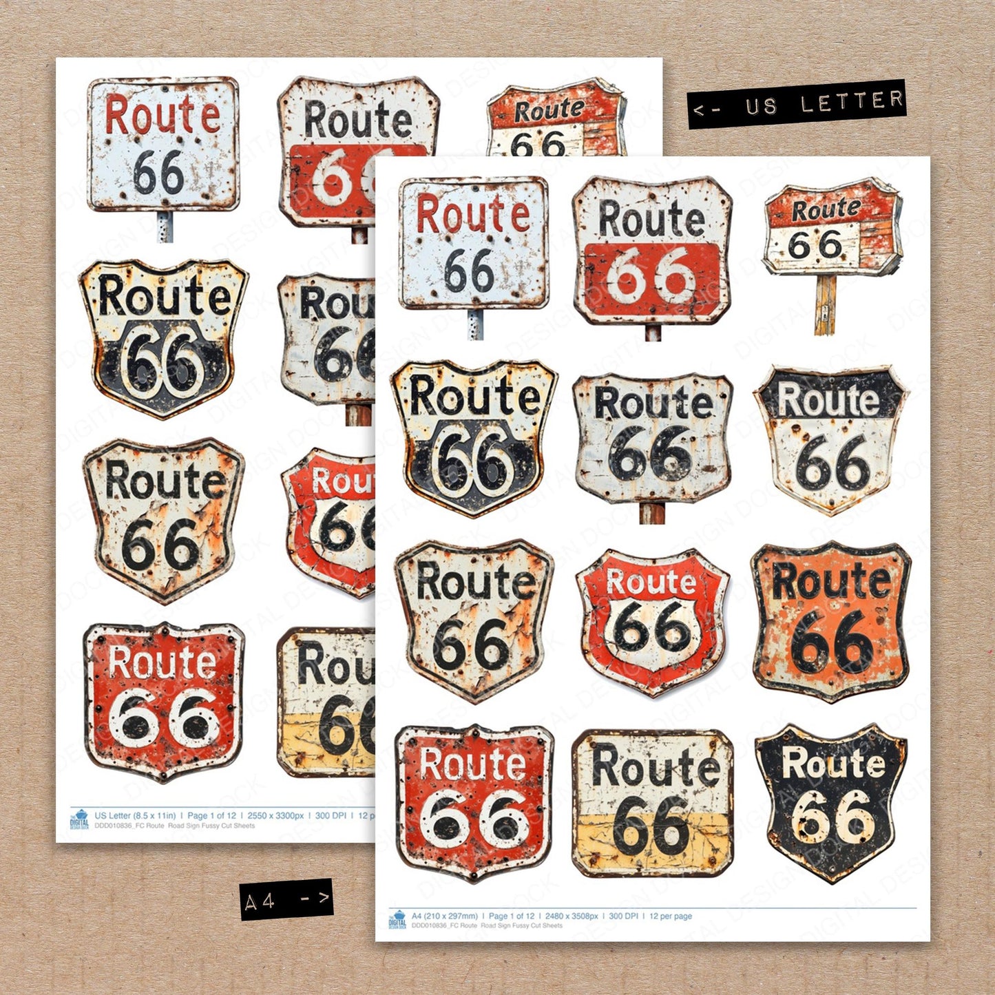A4 and US Letter format comparison showing Route Road Sign fussy cut pages for print and cut crafting