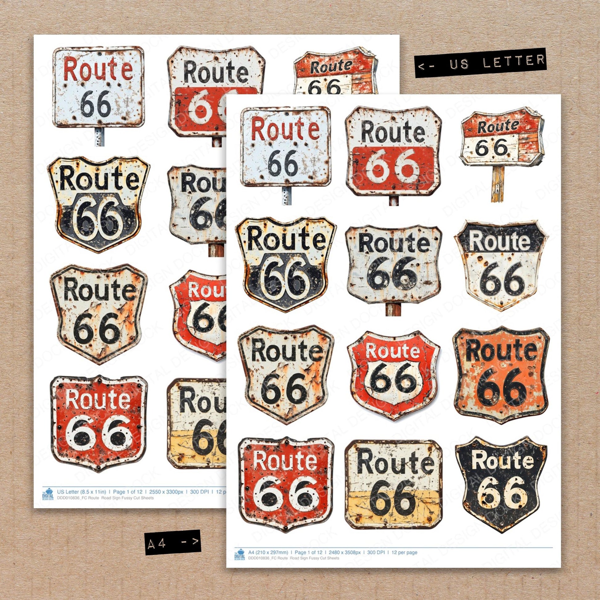 A4 and US Letter format comparison showing Route Road Sign fussy cut pages for print and cut crafting