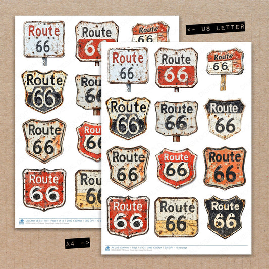 A4 and US Letter format comparison showing Route Road Sign fussy cut pages for print and cut crafting