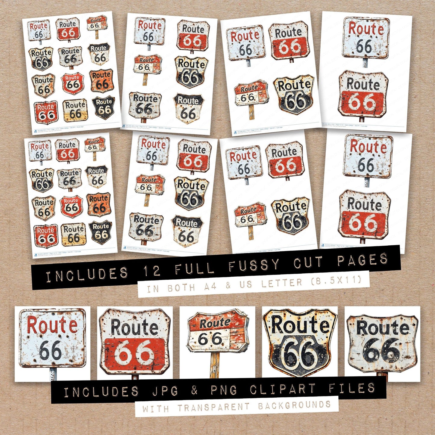 Full collection view of Route Road Sign fussy cut sheets with bonus clipart JPG and PNG files