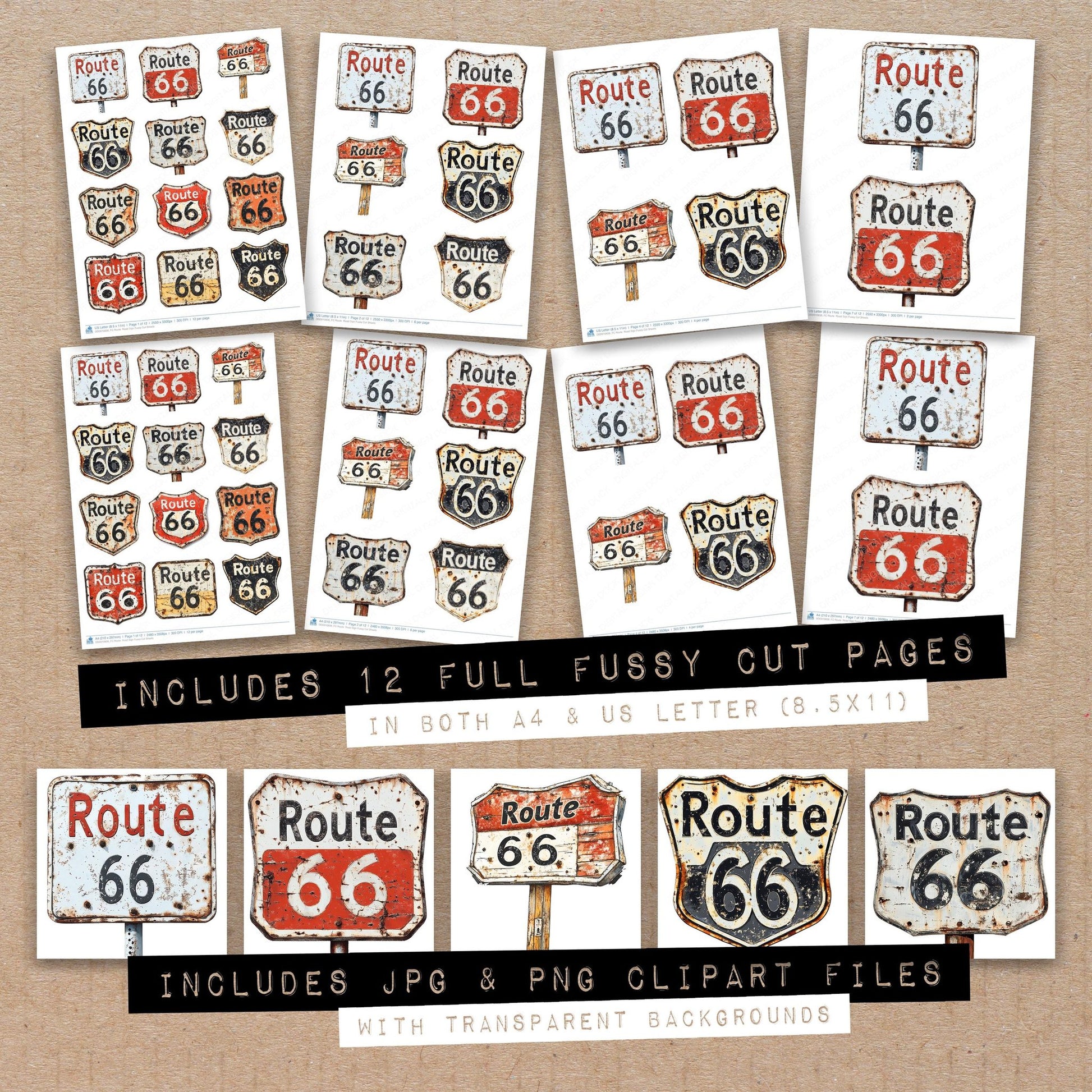 Full collection view of Route Road Sign fussy cut sheets with bonus clipart JPG and PNG files