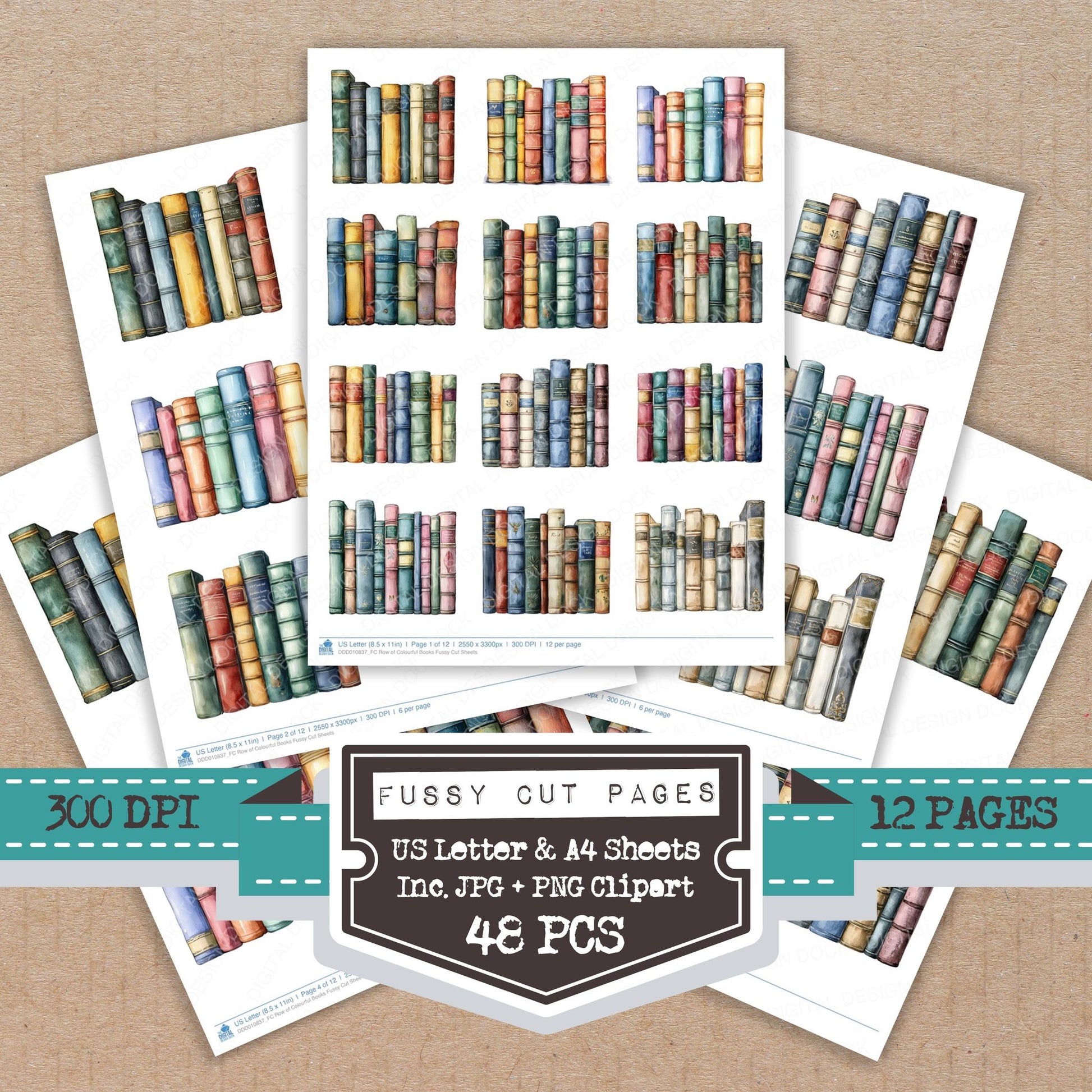 Row of Colourful Books fussy cut printable sheets for junk journaling, scrapbooking, and paper craft projects