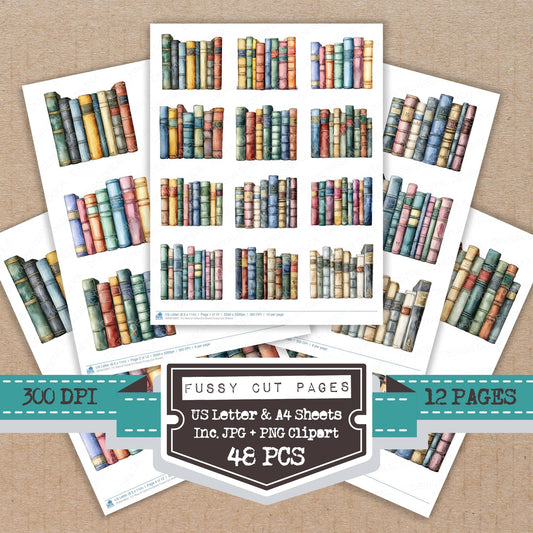 Row of Colourful Books fussy cut printable sheets for junk journaling, scrapbooking, and paper craft projects