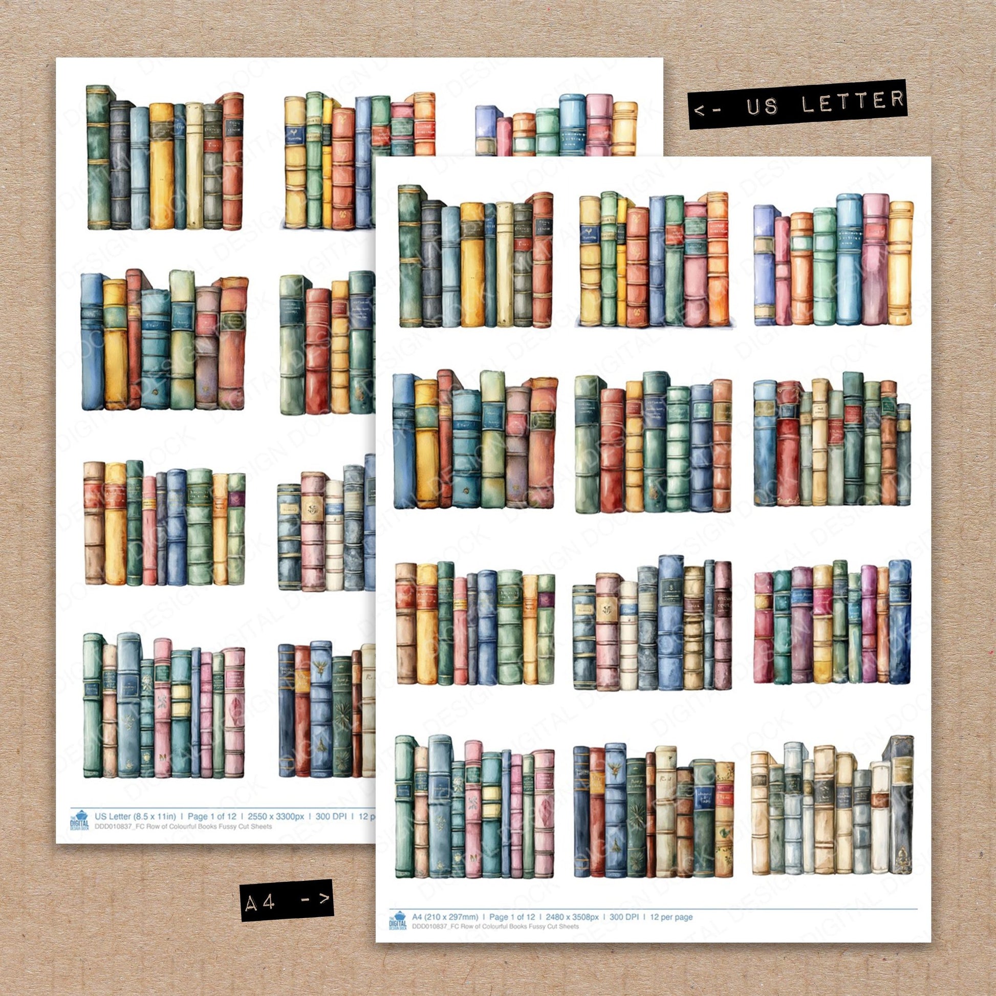 A4 and US Letter format comparison showing Row of Colourful Books fussy cut pages for print and cut crafting