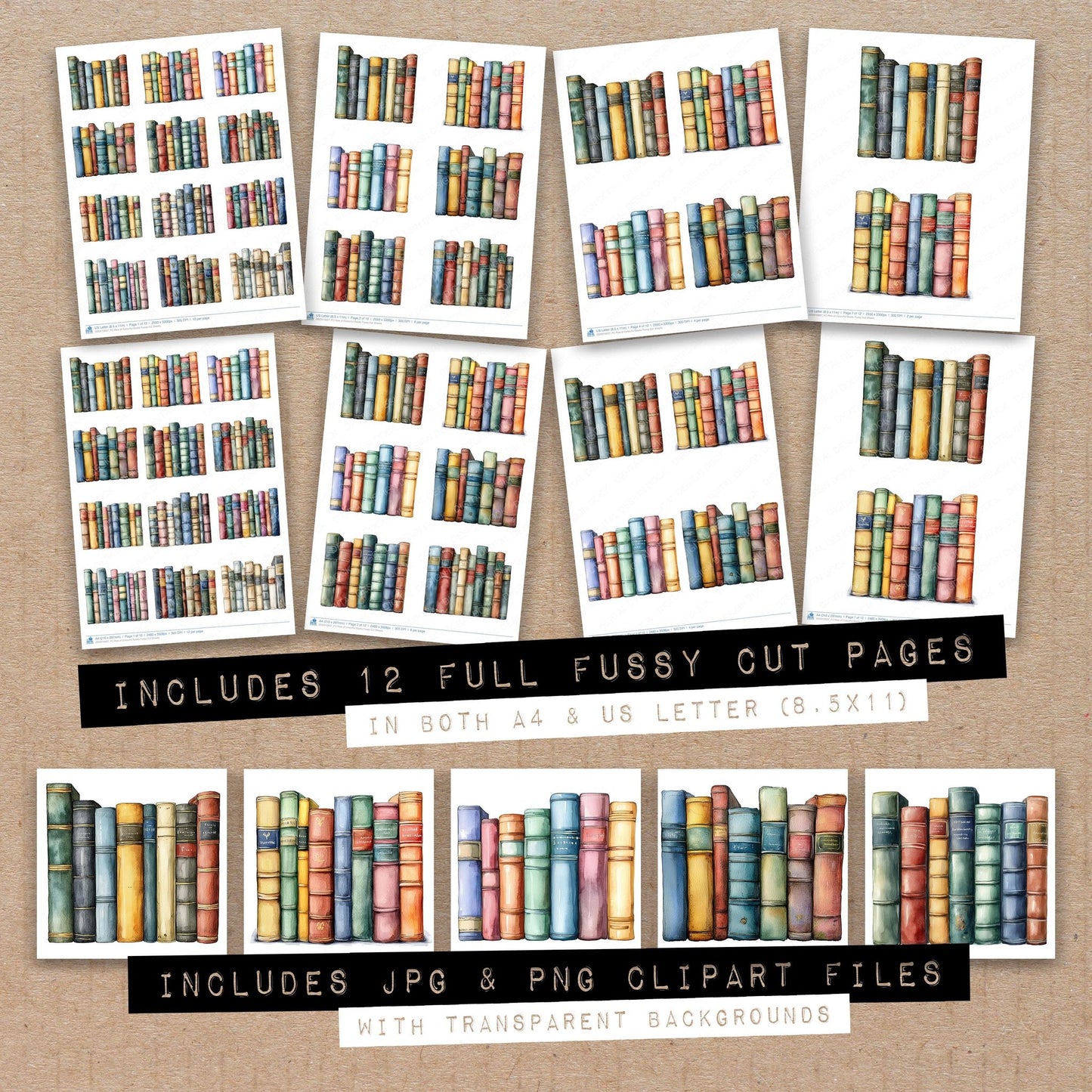 Full collection view of Row of Colourful Books fussy cut sheets with bonus clipart JPG and PNG files