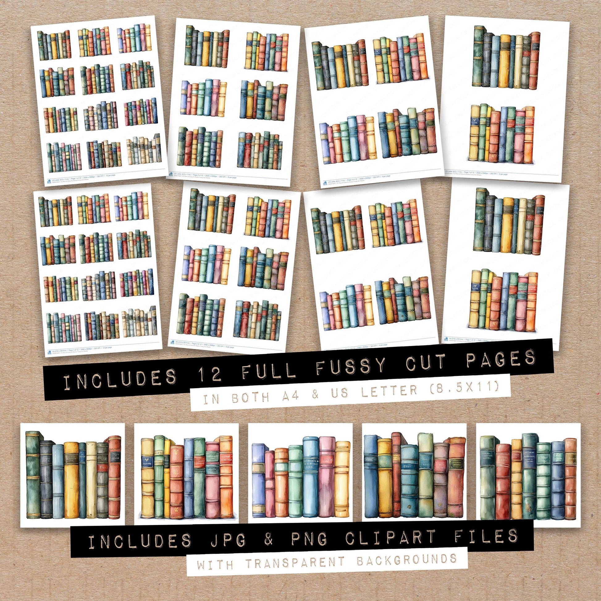 Full collection view of Row of Colourful Books fussy cut sheets with bonus clipart JPG and PNG files