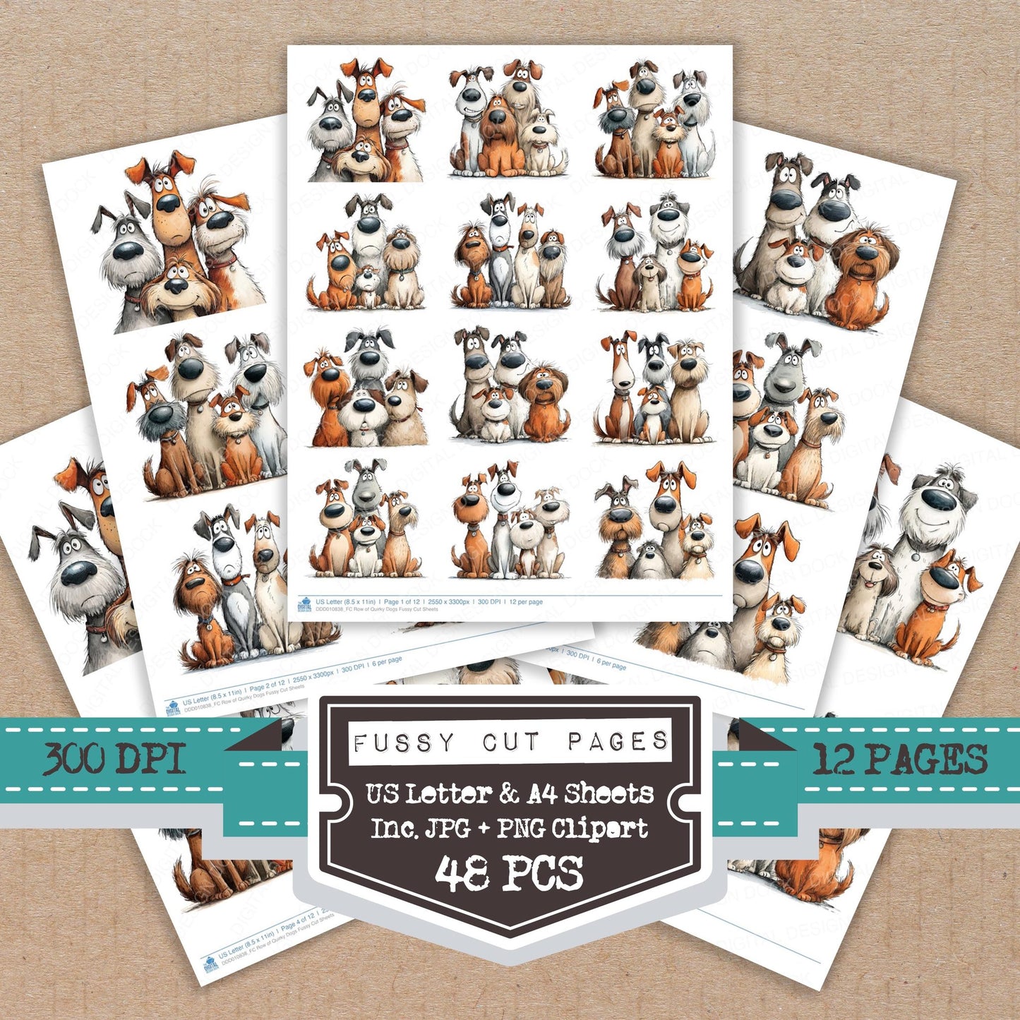 Row of Quirky Dogs fussy cut printable sheets for junk journaling, scrapbooking, and paper craft projects
