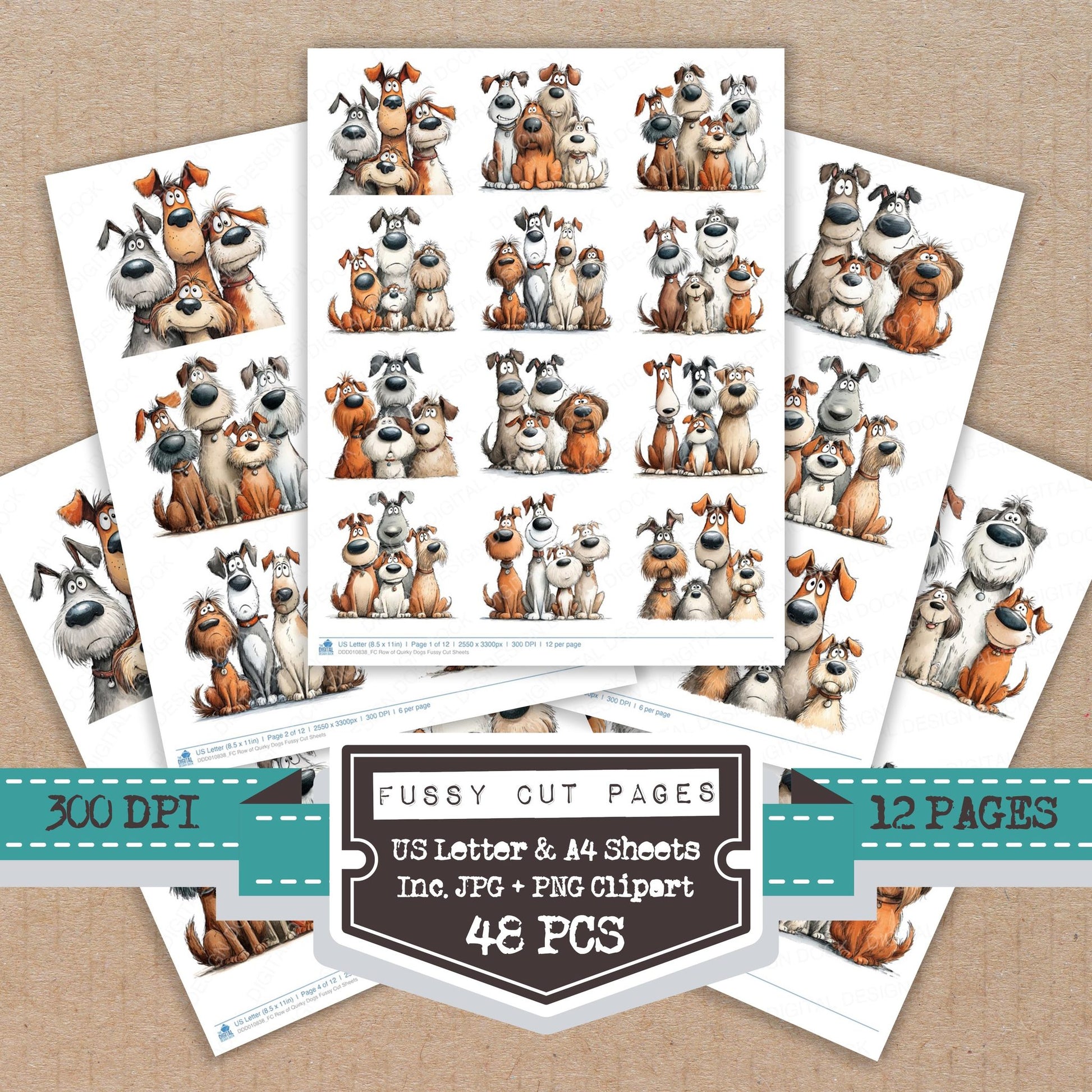 Row of Quirky Dogs fussy cut printable sheets for junk journaling, scrapbooking, and paper craft projects