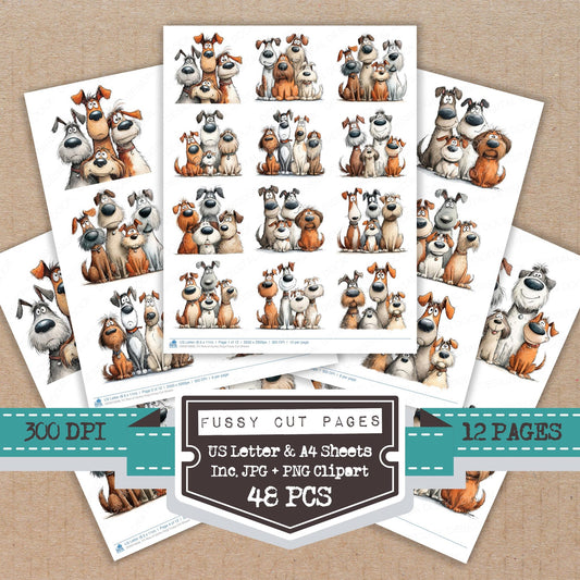 Row of Quirky Dogs fussy cut printable sheets for junk journaling, scrapbooking, and paper craft projects