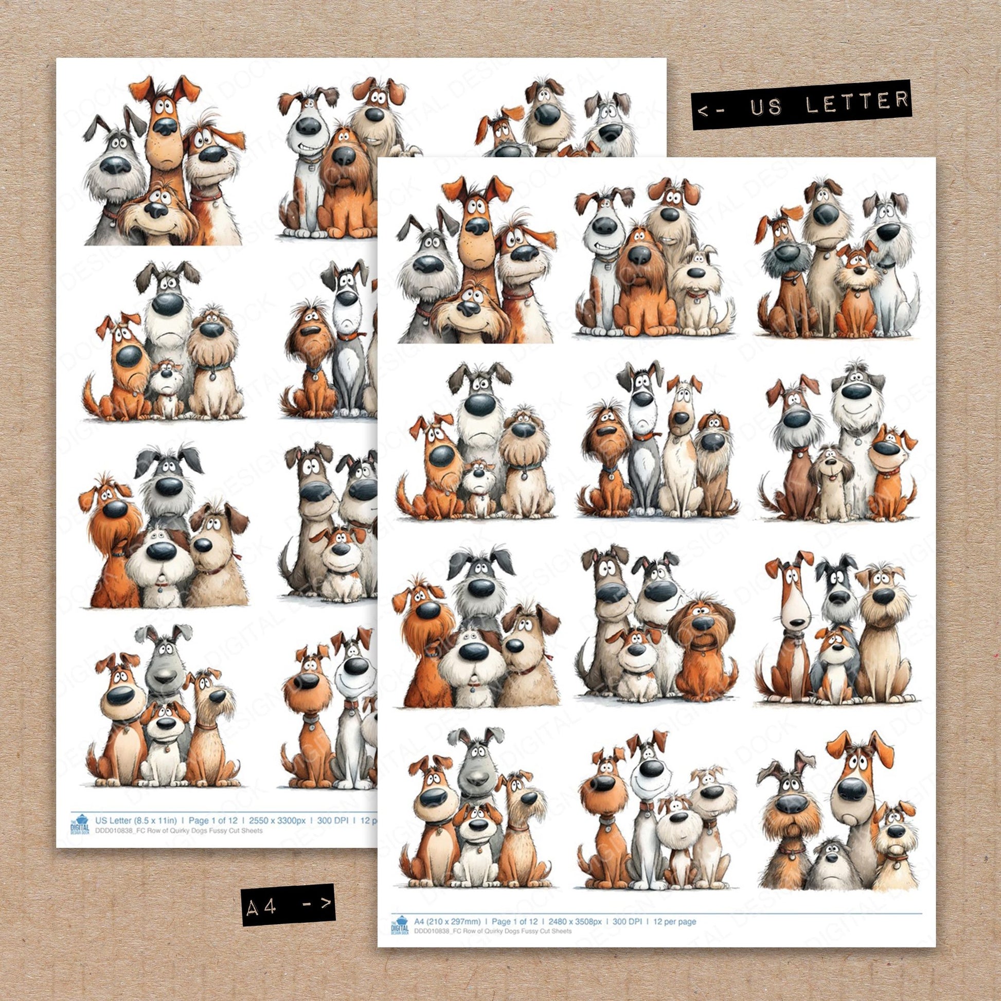 A4 and US Letter format comparison showing Row of Quirky Dogs fussy cut pages for print and cut crafting