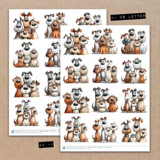 A4 and US Letter format comparison showing Row of Quirky Dogs fussy cut pages for print and cut crafting