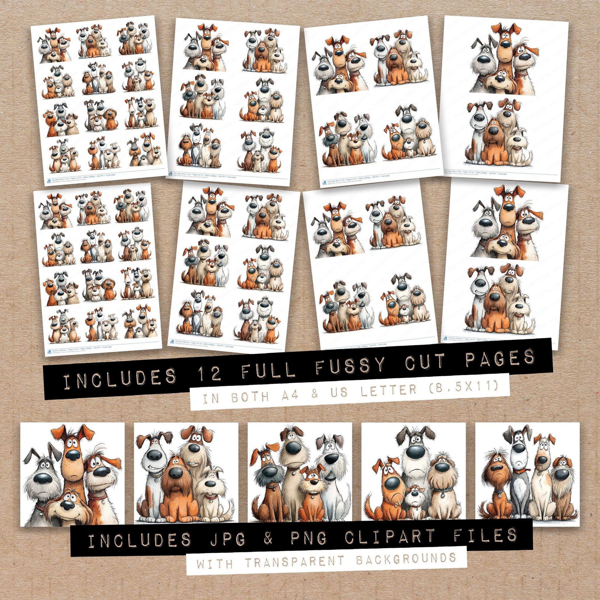 Full collection view of Row of Quirky Dogs fussy cut sheets with bonus clipart JPG and PNG files