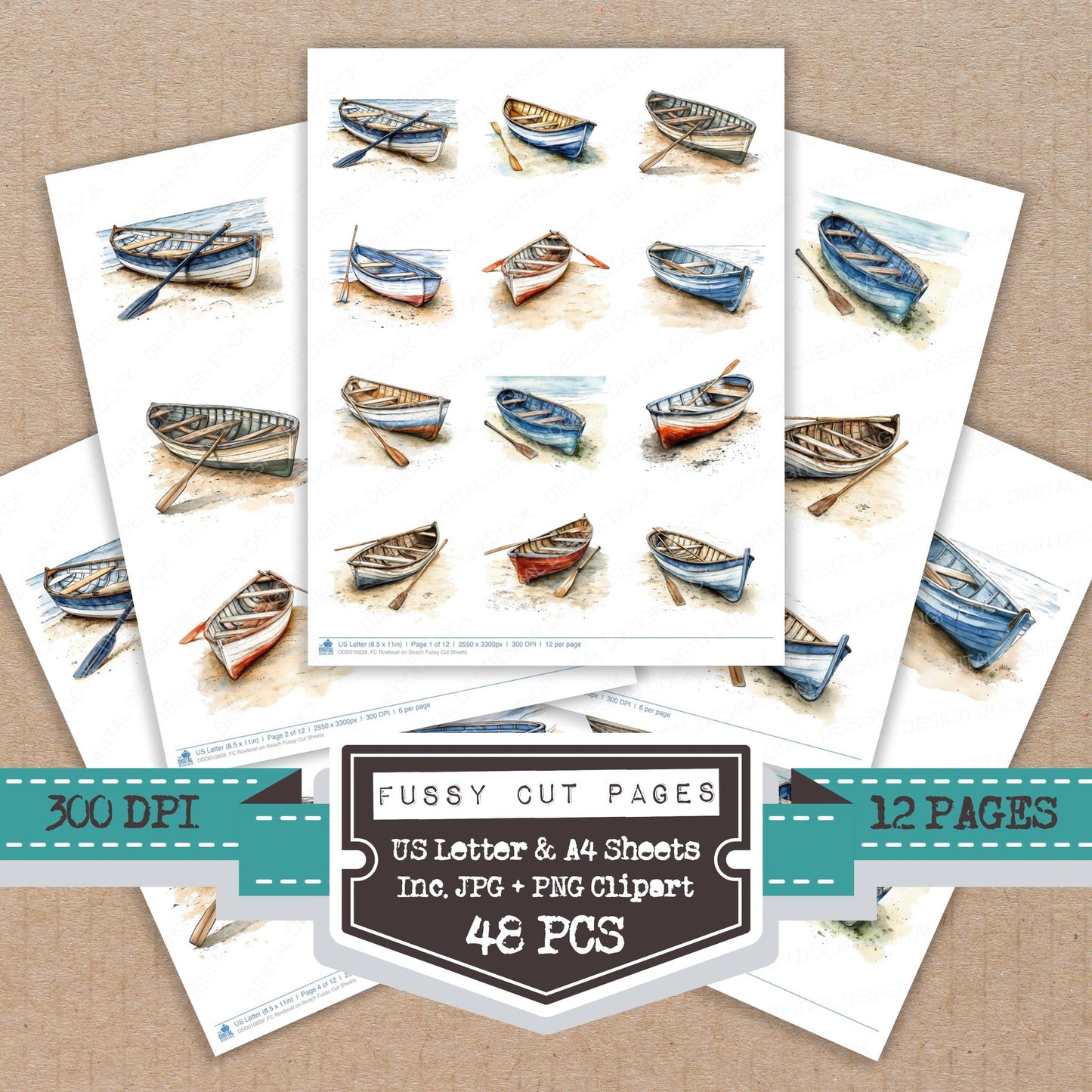 Rowboat on Beach fussy cut printable sheets for junk journaling, scrapbooking, and paper craft projects