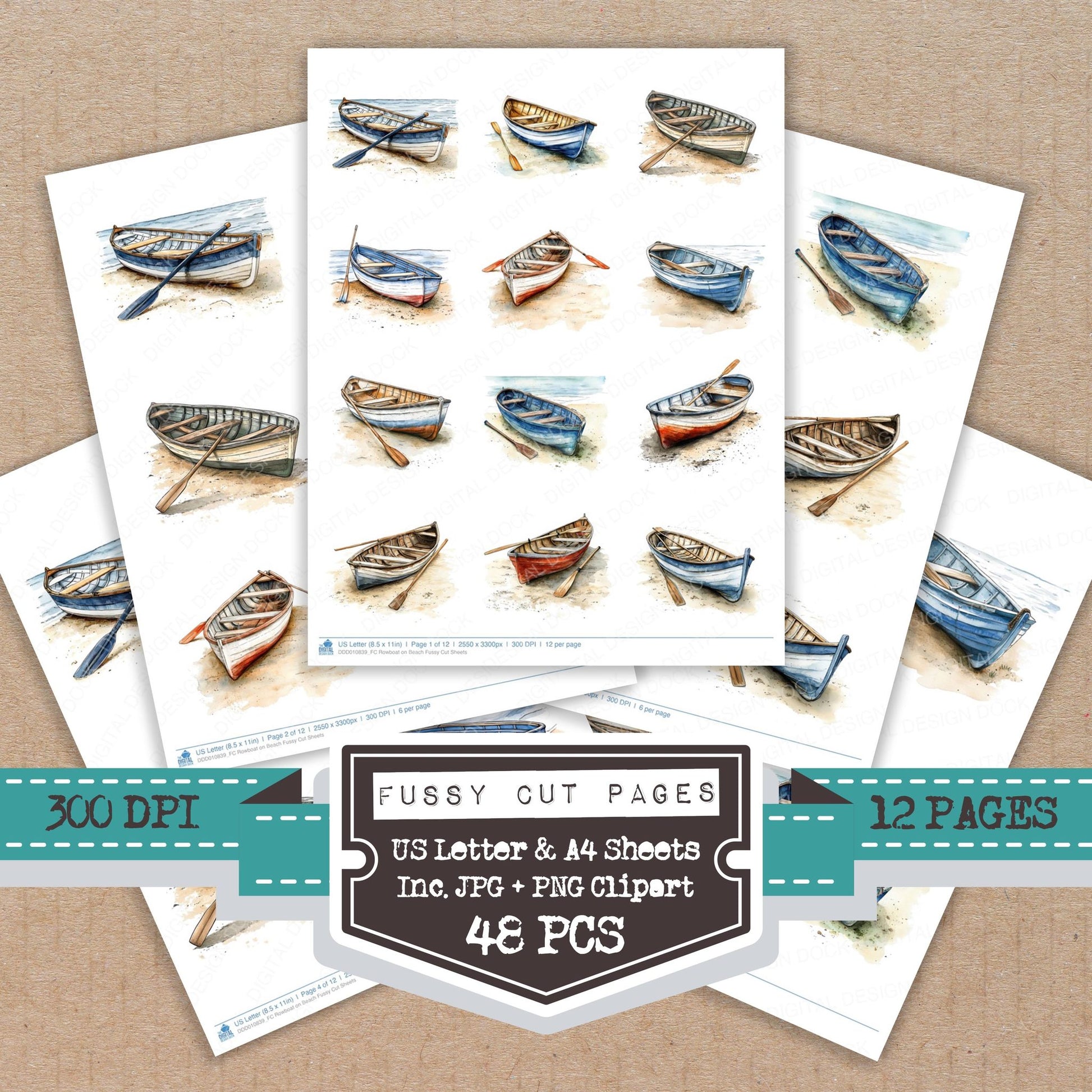 Rowboat on Beach fussy cut printable sheets for junk journaling, scrapbooking, and paper craft projects