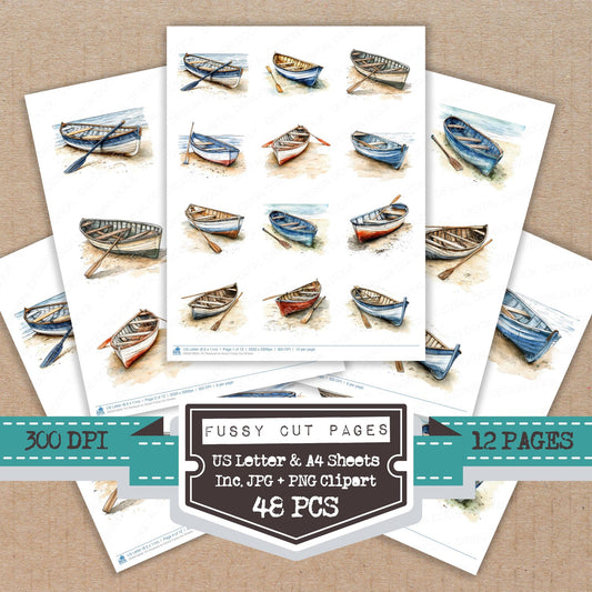 Rowboat on Beach fussy cut printable sheets for junk journaling, scrapbooking, and paper craft projects