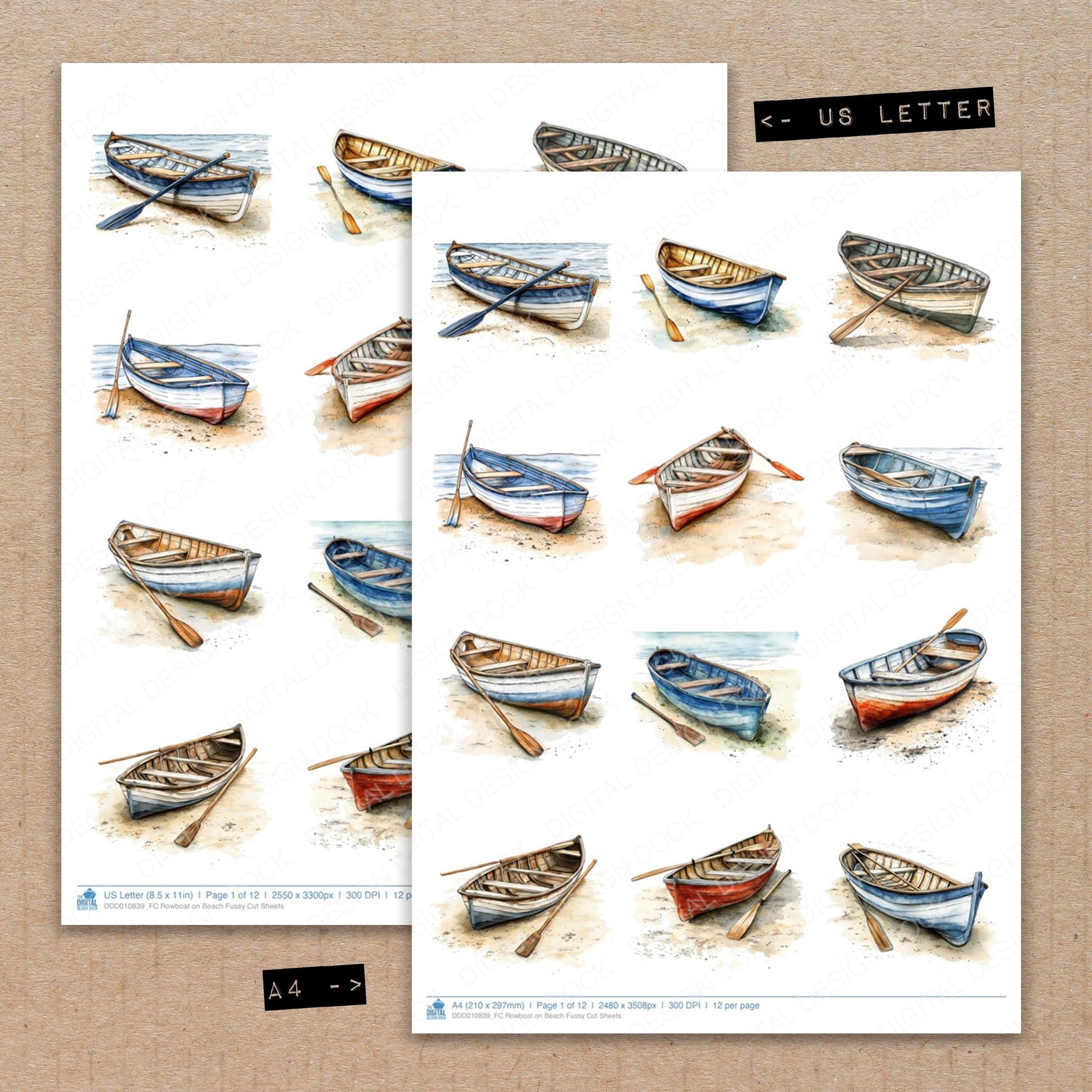 A4 and US Letter format comparison showing Rowboat on Beach fussy cut pages for print and cut crafting