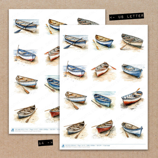 A4 and US Letter format comparison showing Rowboat on Beach fussy cut pages for print and cut crafting