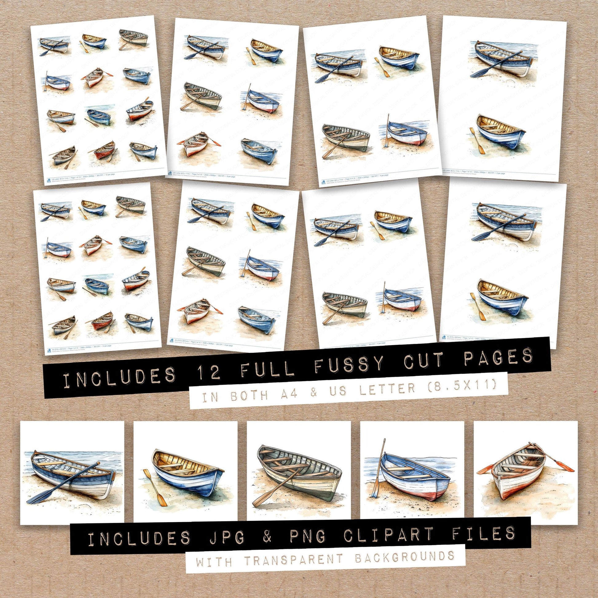 Full collection view of Rowboat on Beach fussy cut sheets with bonus clipart JPG and PNG files
