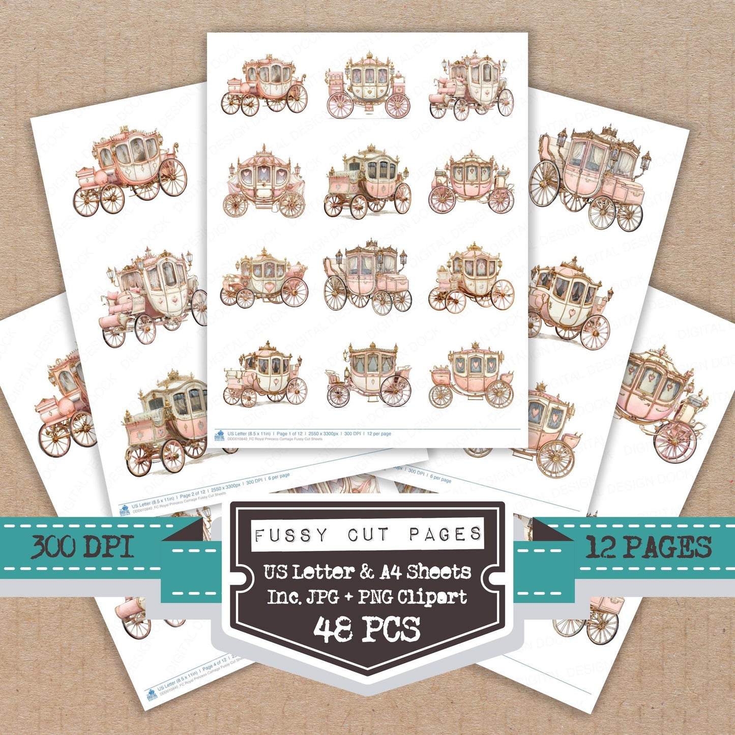 Royal Princess Carriage fussy cut printable sheets for junk journaling, scrapbooking, and paper craft projects