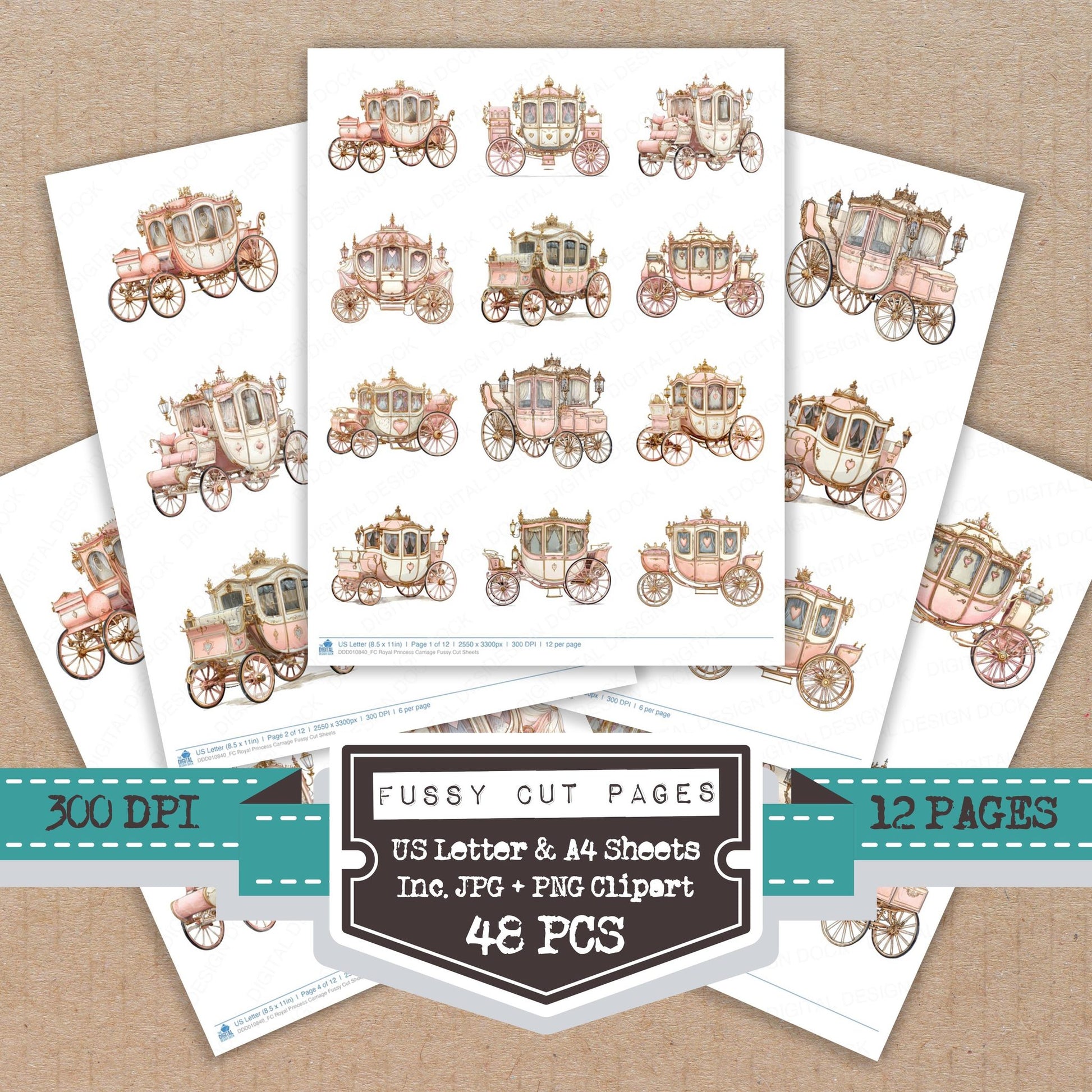 Royal Princess Carriage fussy cut printable sheets for junk journaling, scrapbooking, and paper craft projects