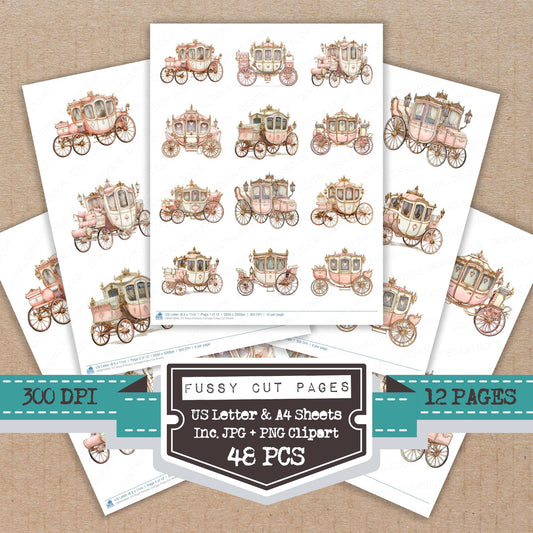 Royal Princess Carriage fussy cut printable sheets for junk journaling, scrapbooking, and paper craft projects