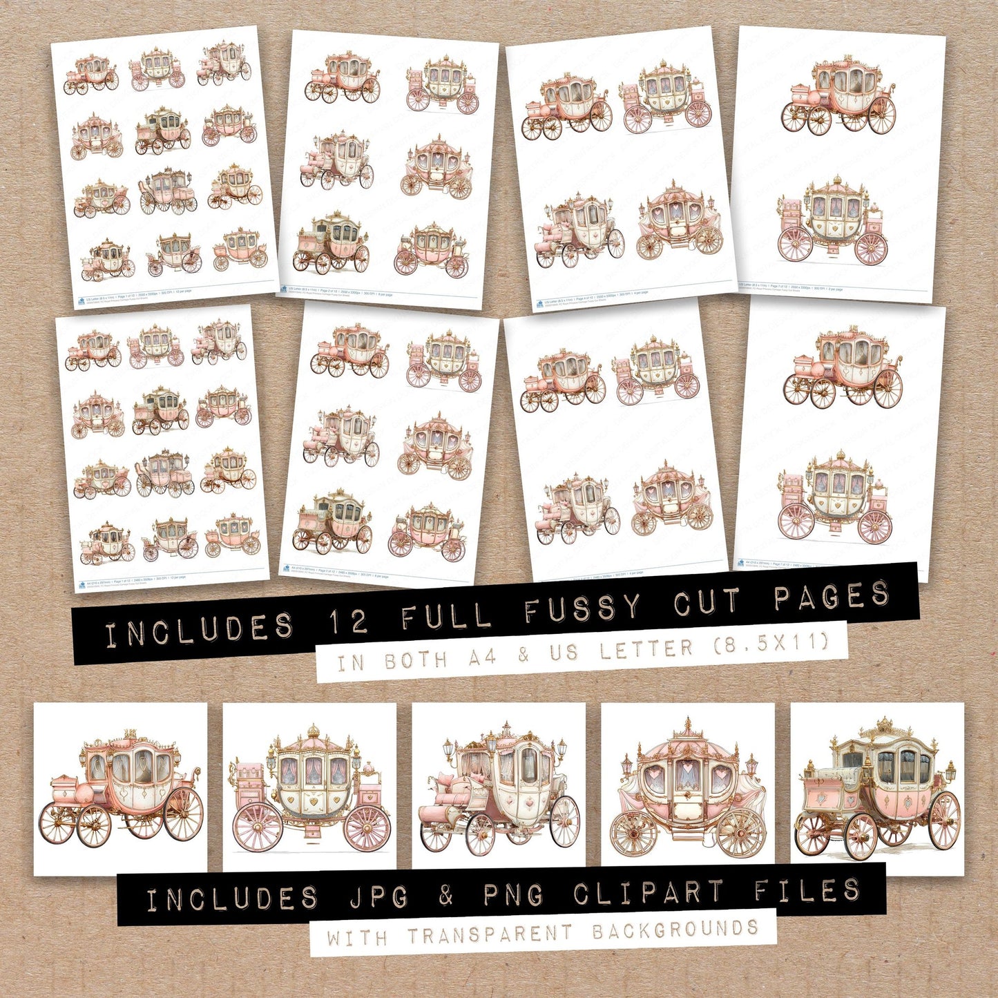Full collection view of Royal Princess Carriage fussy cut sheets with bonus clipart JPG and PNG files