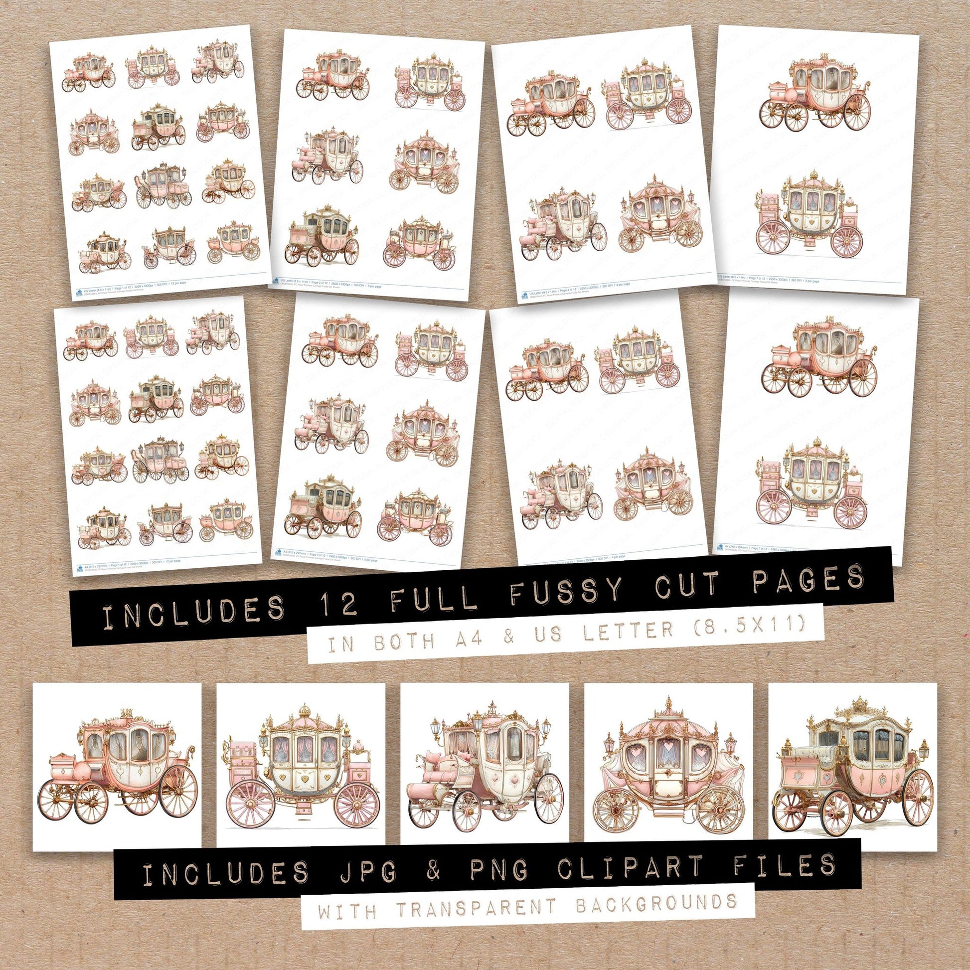 Full collection view of Royal Princess Carriage fussy cut sheets with bonus clipart JPG and PNG files