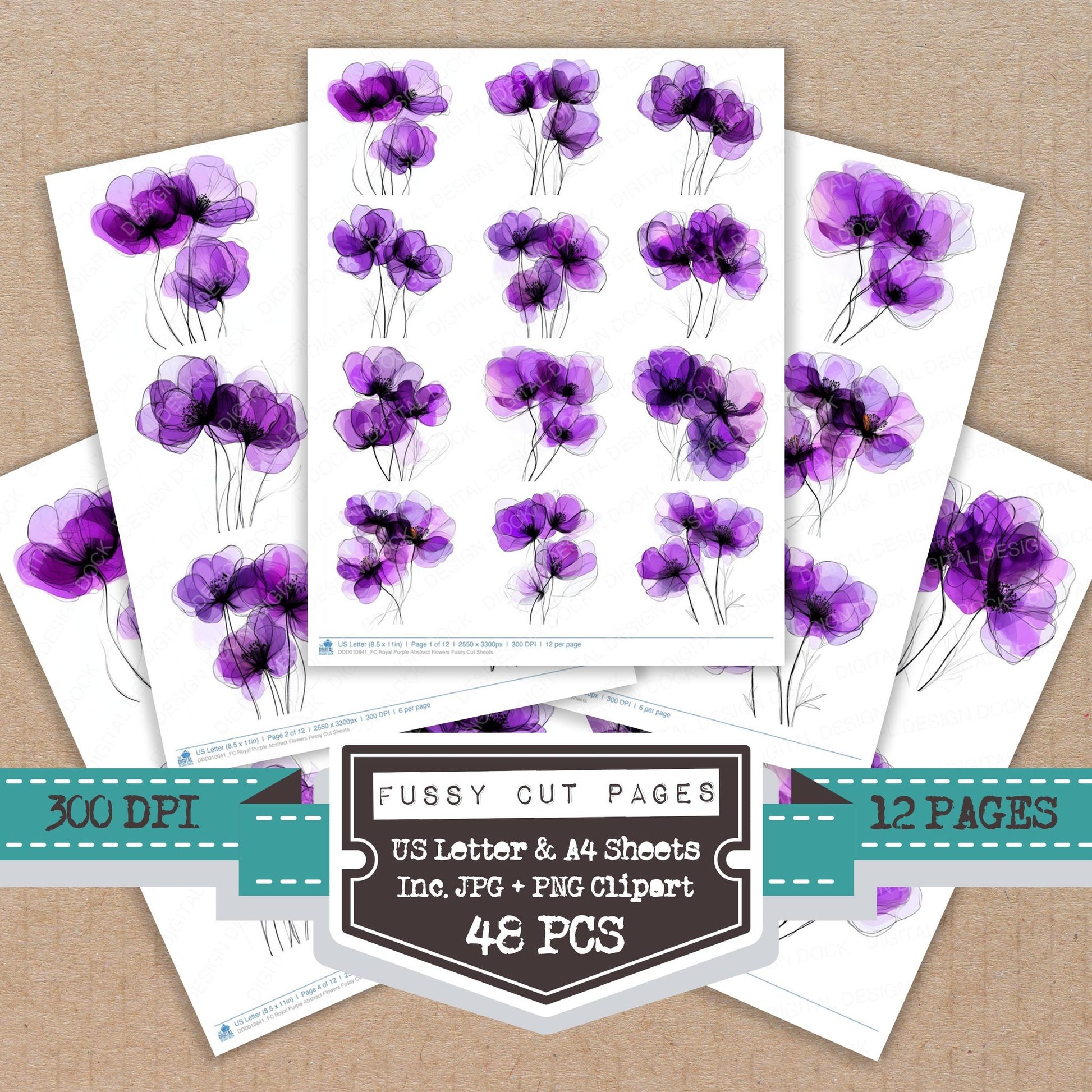 Royal Purple Abstract Flowers fussy cut printable sheets for junk journaling, scrapbooking, and paper craft projects