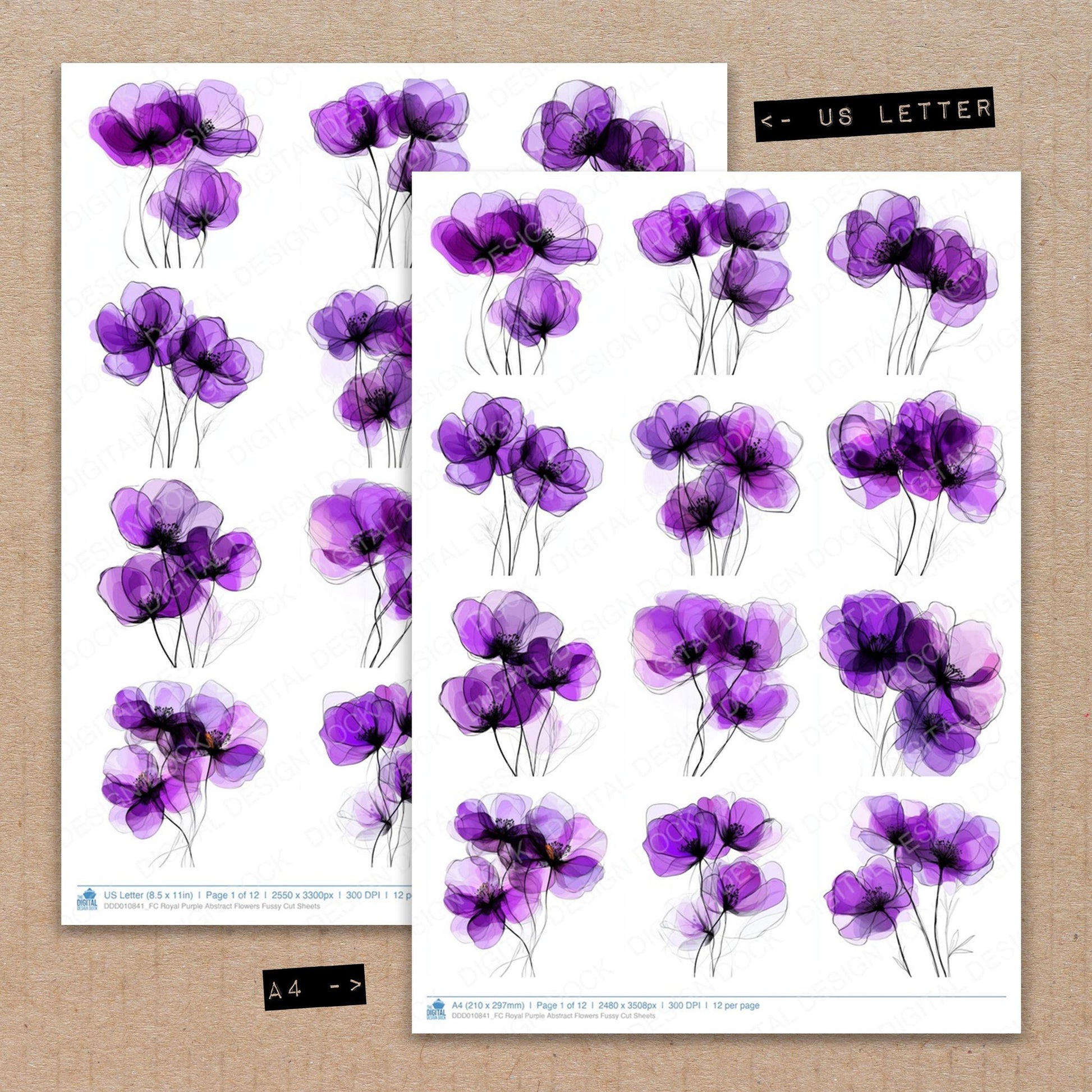 A4 and US Letter format comparison showing Royal Purple Abstract Flowers fussy cut pages for print and cut crafting