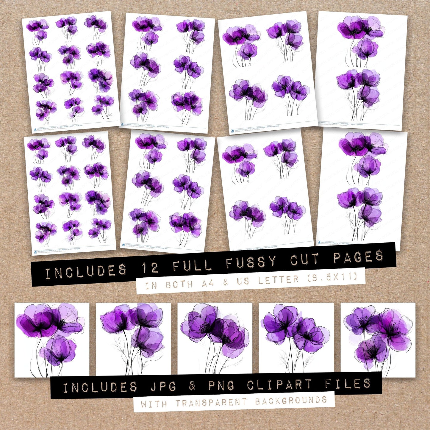 Full collection view of Royal Purple Abstract Flowers fussy cut sheets with bonus clipart JPG and PNG files