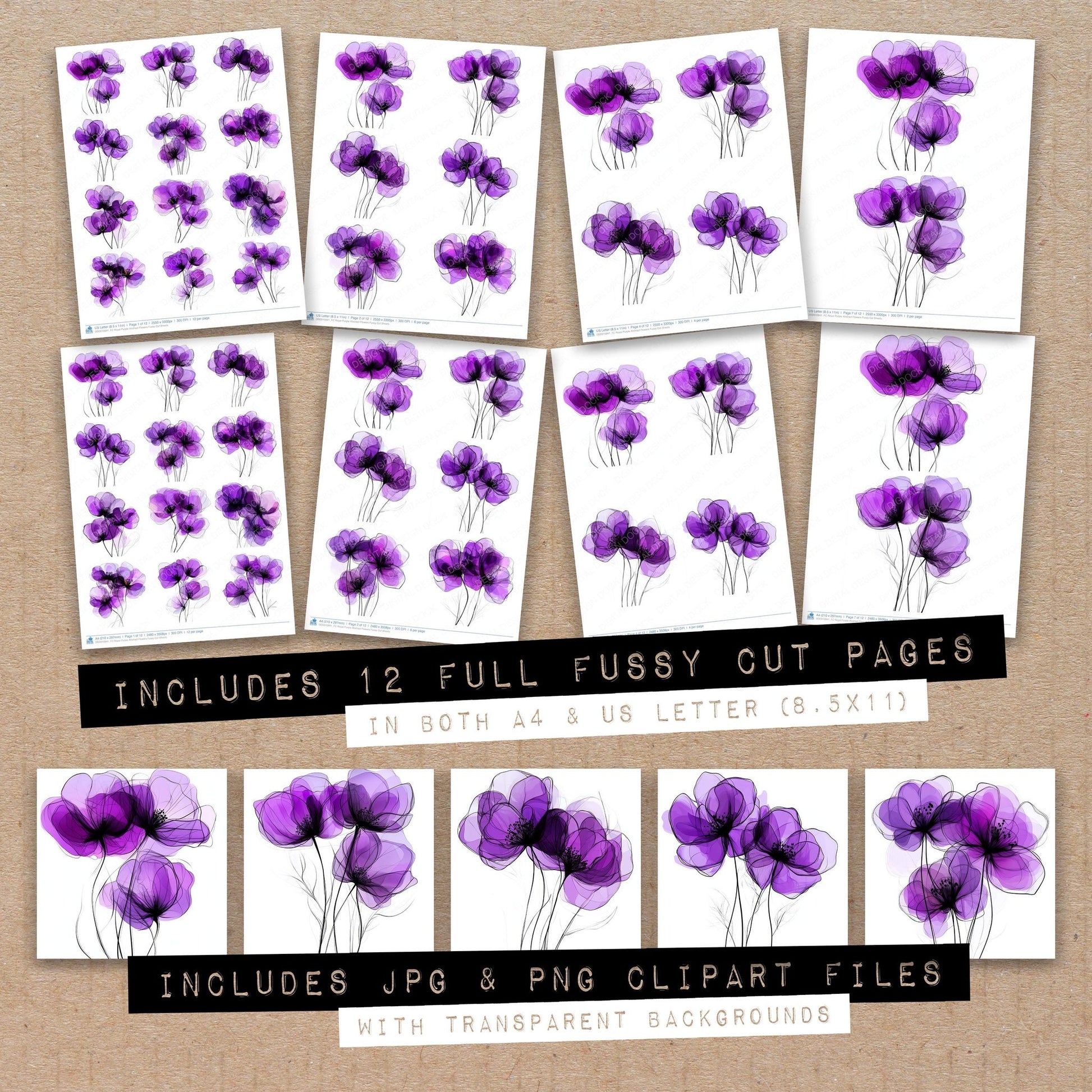 Full collection view of Royal Purple Abstract Flowers fussy cut sheets with bonus clipart JPG and PNG files