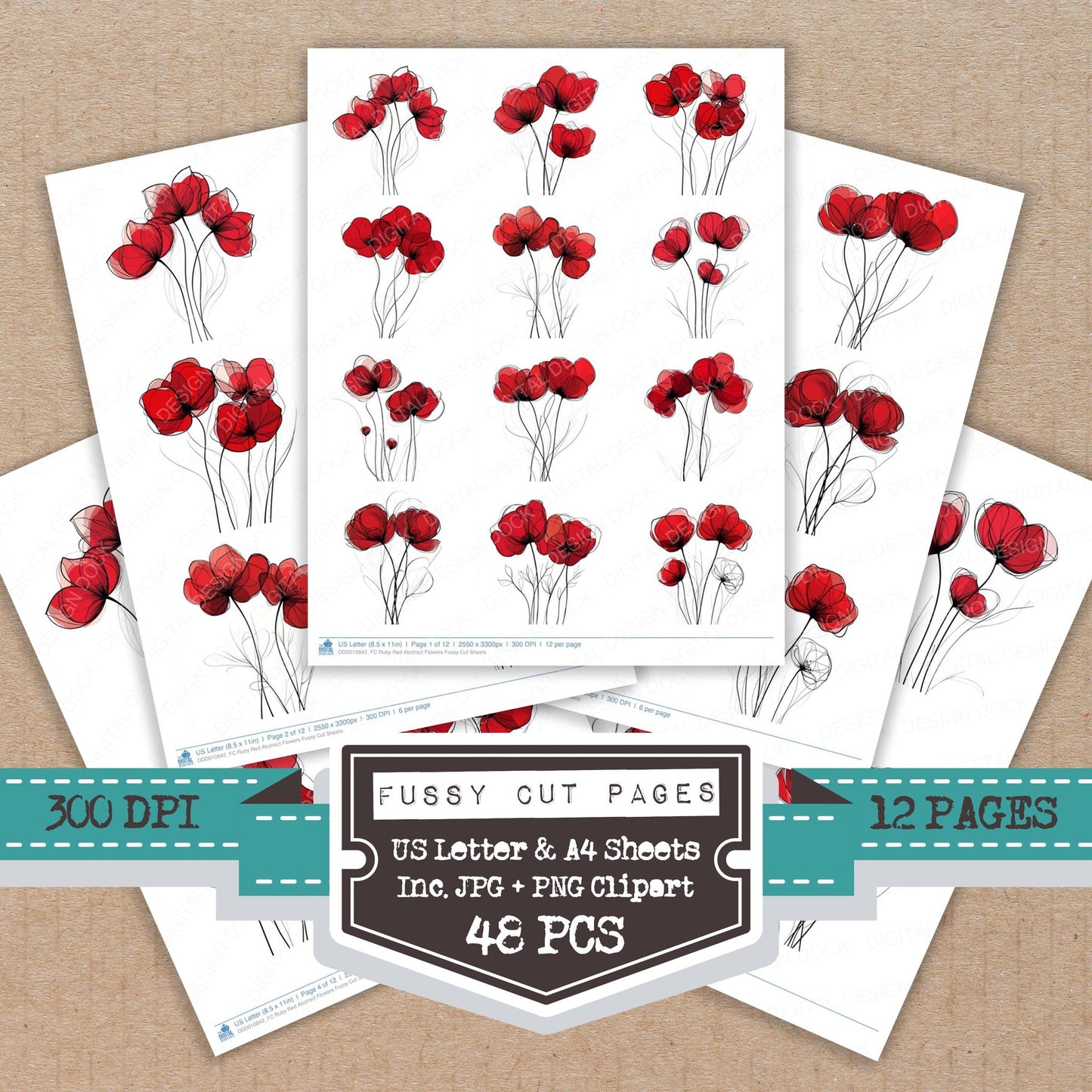 Ruby Red Abstract Flowers fussy cut printable sheets for junk journaling, scrapbooking, and paper craft projects