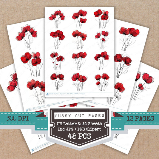 Ruby Red Abstract Flowers fussy cut printable sheets for junk journaling, scrapbooking, and paper craft projects