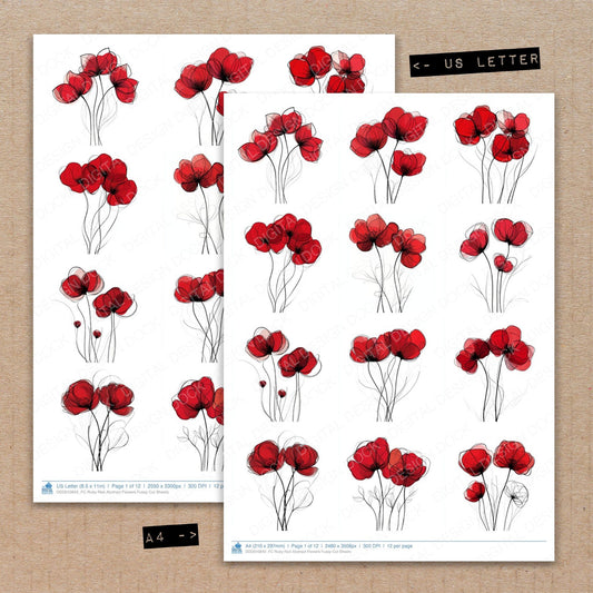 A4 and US Letter format comparison showing Ruby Red Abstract Flowers fussy cut pages for print and cut crafting