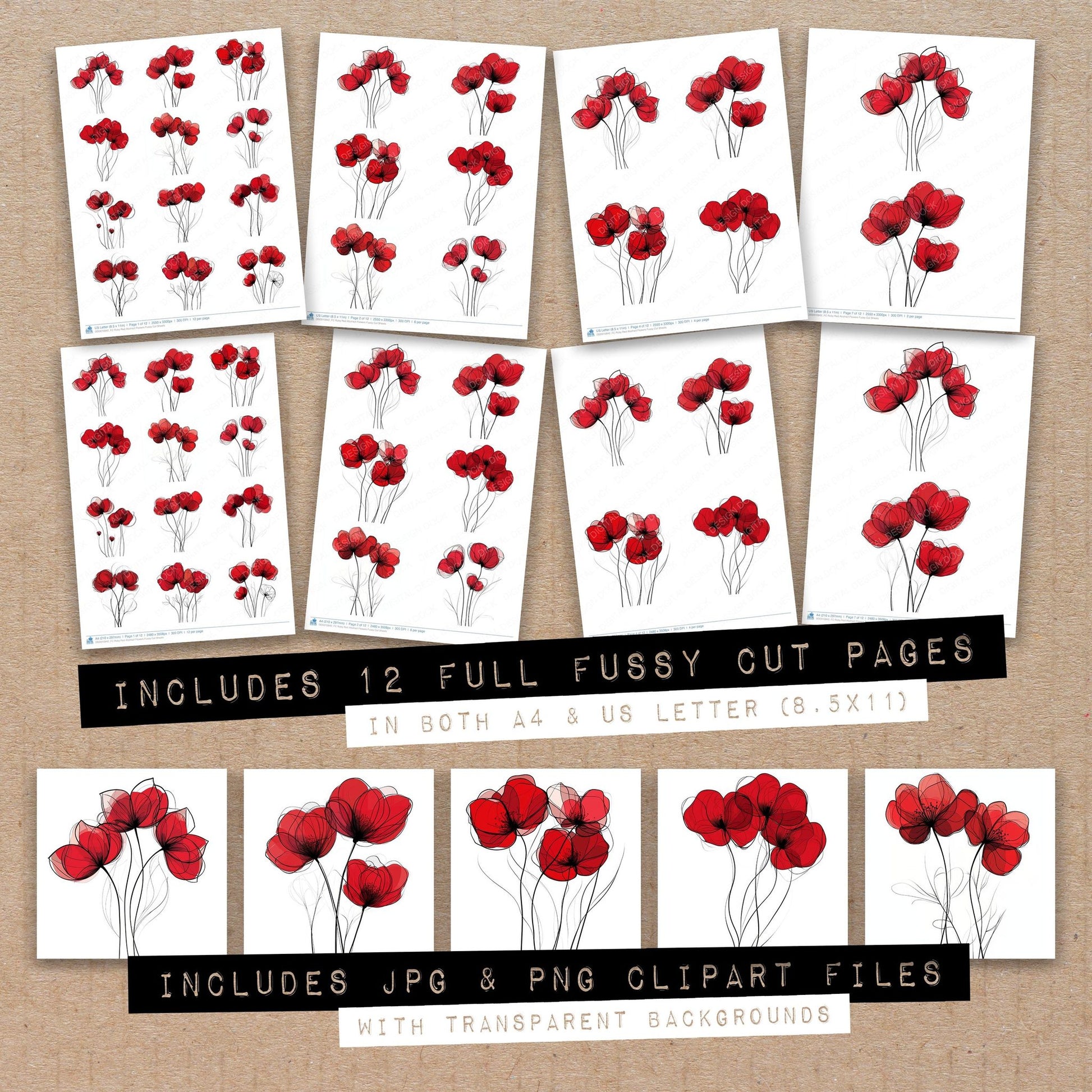 Full collection view of Ruby Red Abstract Flowers fussy cut sheets with bonus clipart JPG and PNG files